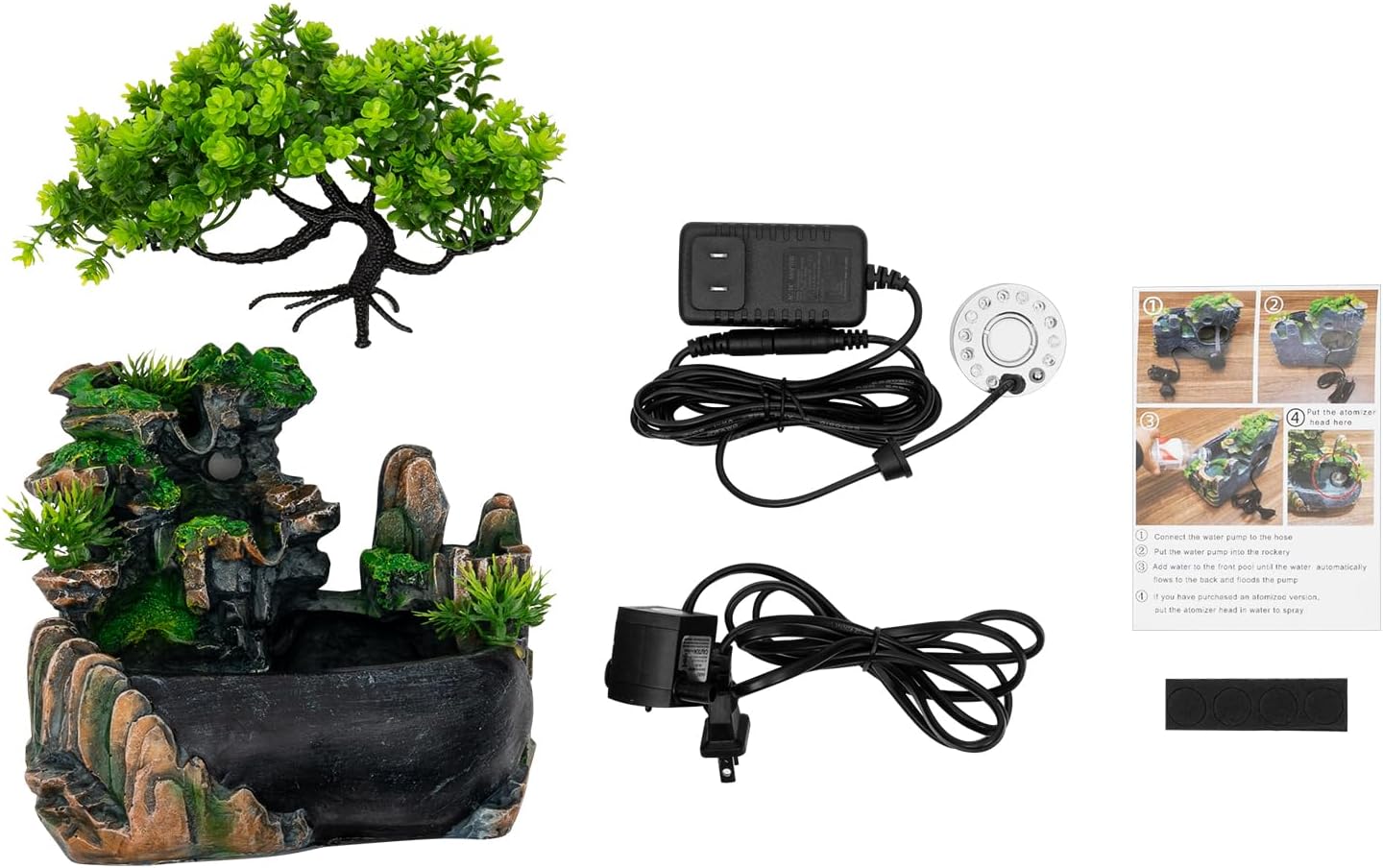 Fuente de escritorio de relajación para interiores, cascada de meditación zen con bomba automática y humidificador atomizador, cascada iluminada