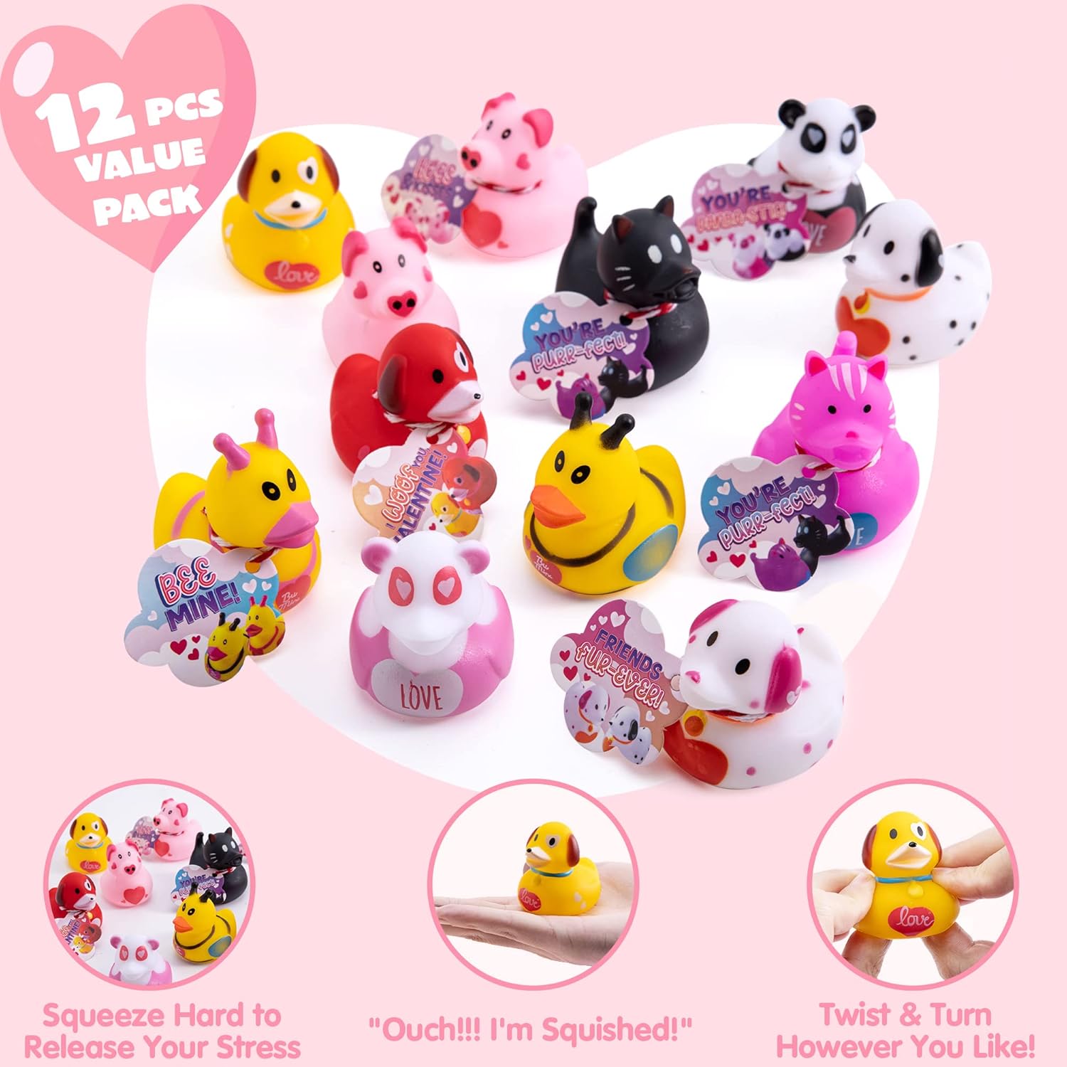 JOYIN 12 patos de goma surtidos para el día de San Valentín en diferentes formas de animales para divertirse en el baño, patos chirriantes, premios