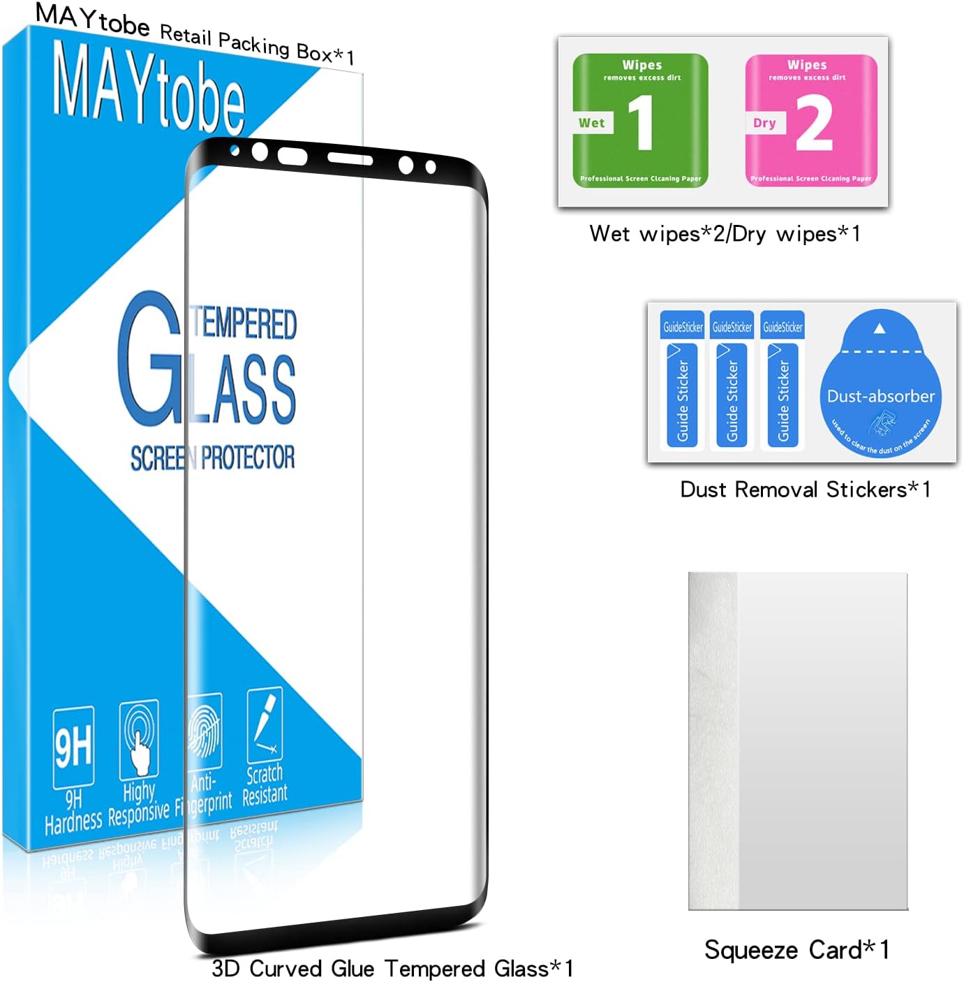 MAYtobe Protector de pantalla de vidrio para Samsung Galaxy S9, vidrio templado curvado 3D, compatible con fundas, antiarañazos, sin burbujas, fácil