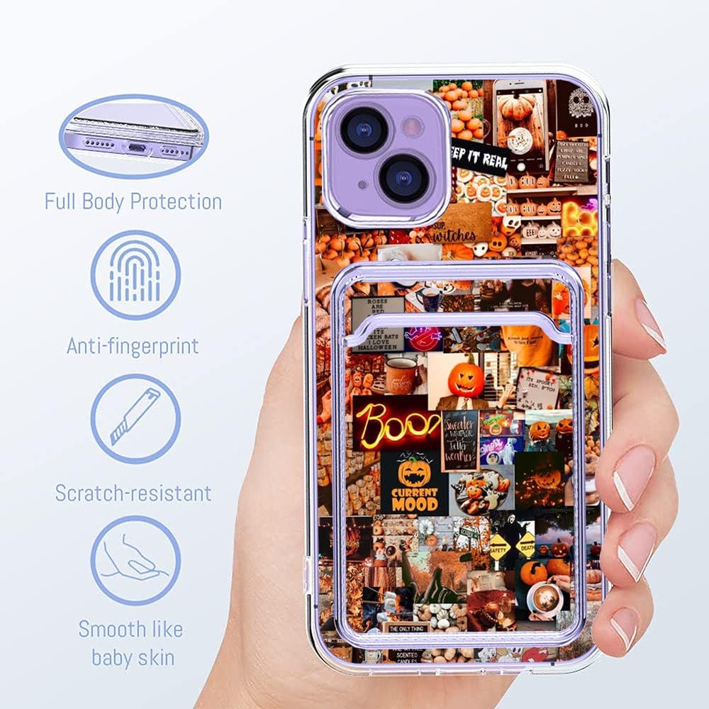 Kyppwh Funda estética para iPhone 14 Plus con tarjetero, diseño de calabaza retro, diseño moderno y moderno, funda de regalo de TPU suave para