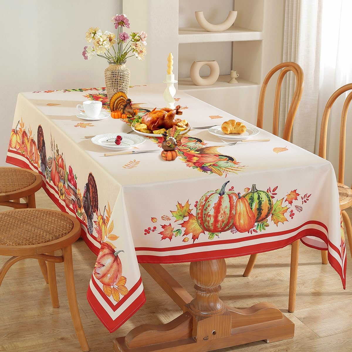 SASTYBALE Mantel rectangular de Acción de Gracias, a prueba de derrames, con estampado de pavo y calabaza, mantel decorativo para otoño, cosecha y