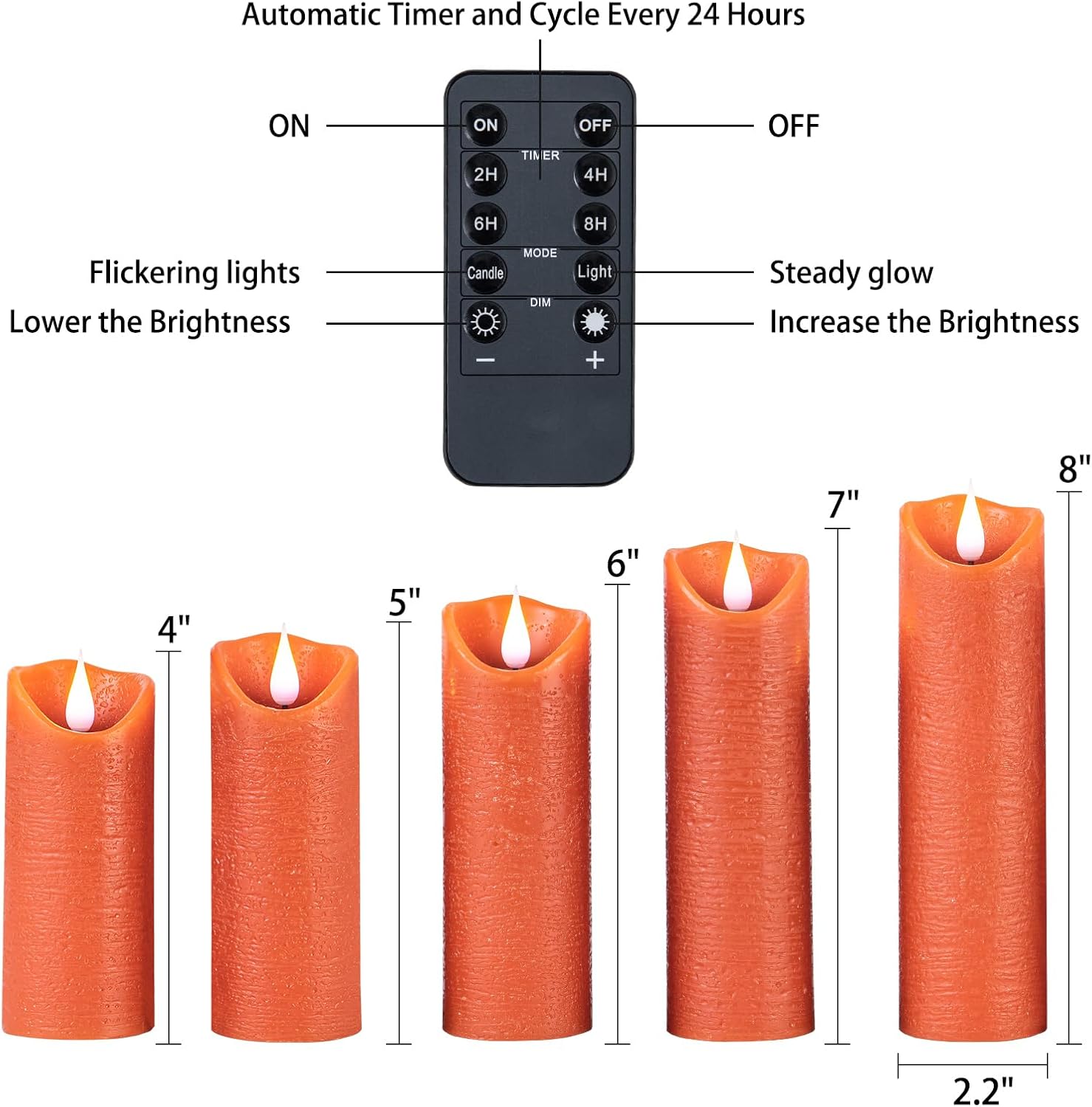 Velas sin llama con control remoto, efecto de onda de agua, velas LED sin llama con temporizador, juego de 5, color naranja