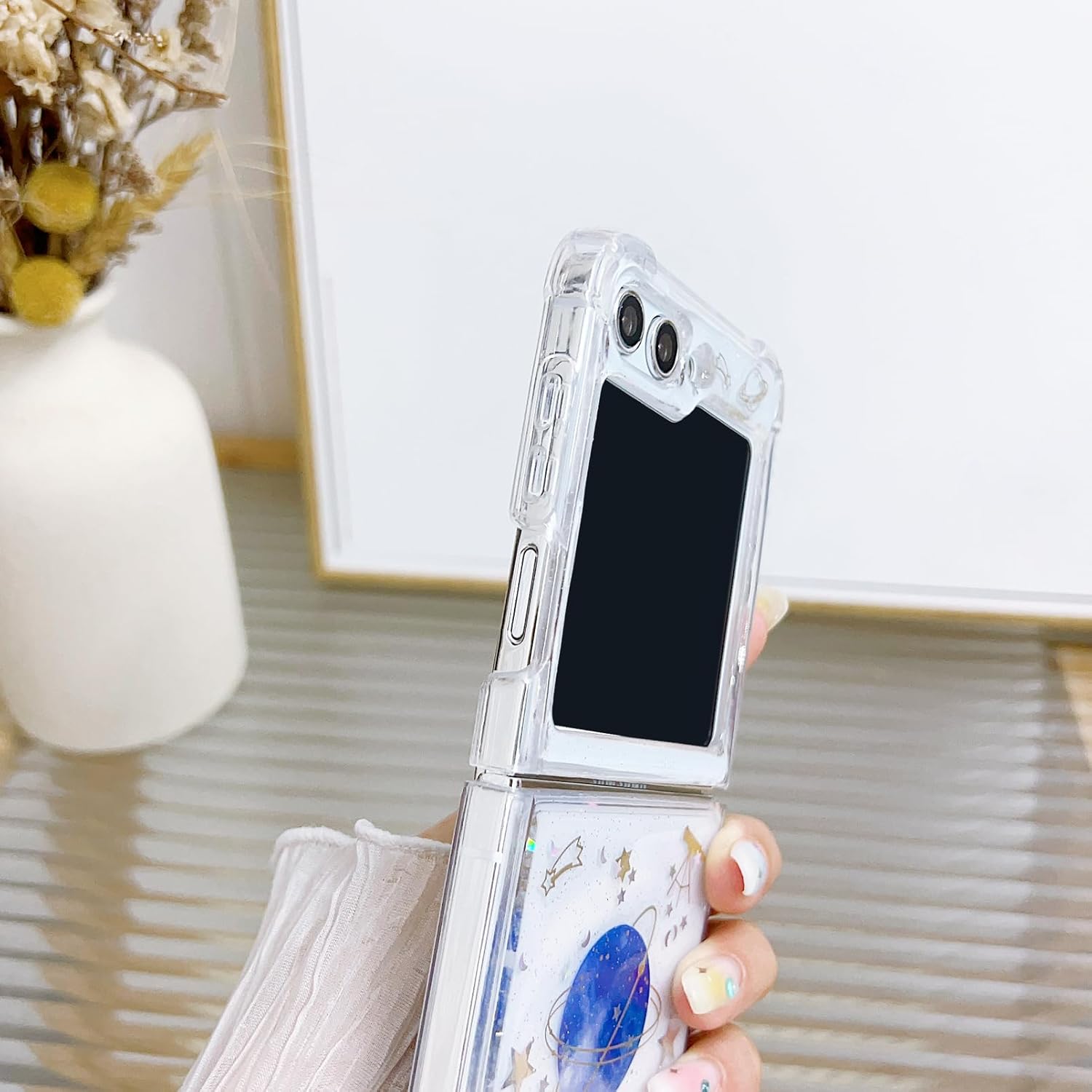 Compatible con Samsung Galaxy Flip 5 Funda transparente para mujeres y niñas, TPU suave, planeta, espacio brillante, a prueba de golpes, funda
