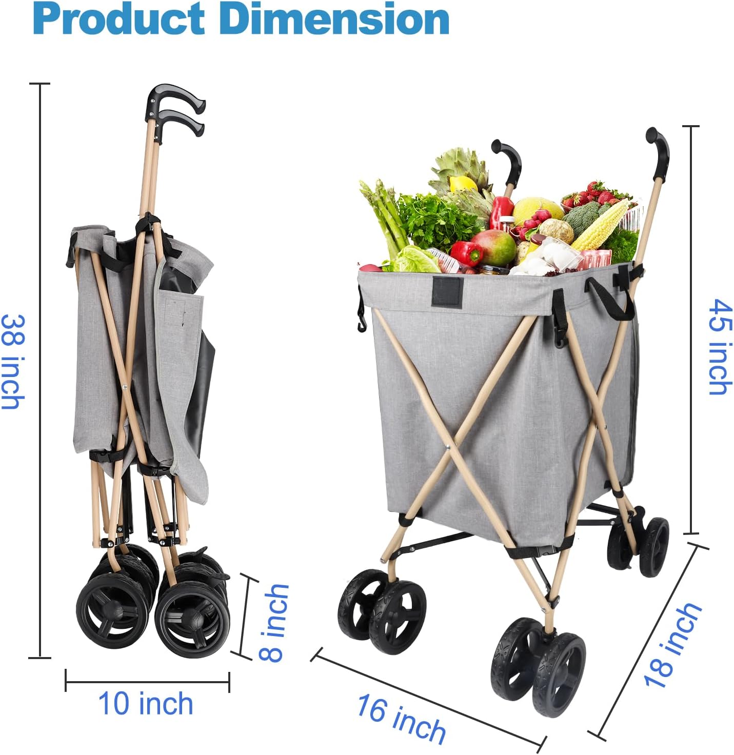Carrito de compras con ruedas, carrito de compras portátil para comestibles, carrito plegable resistente de almacenamiento con ruedas de hasta 130