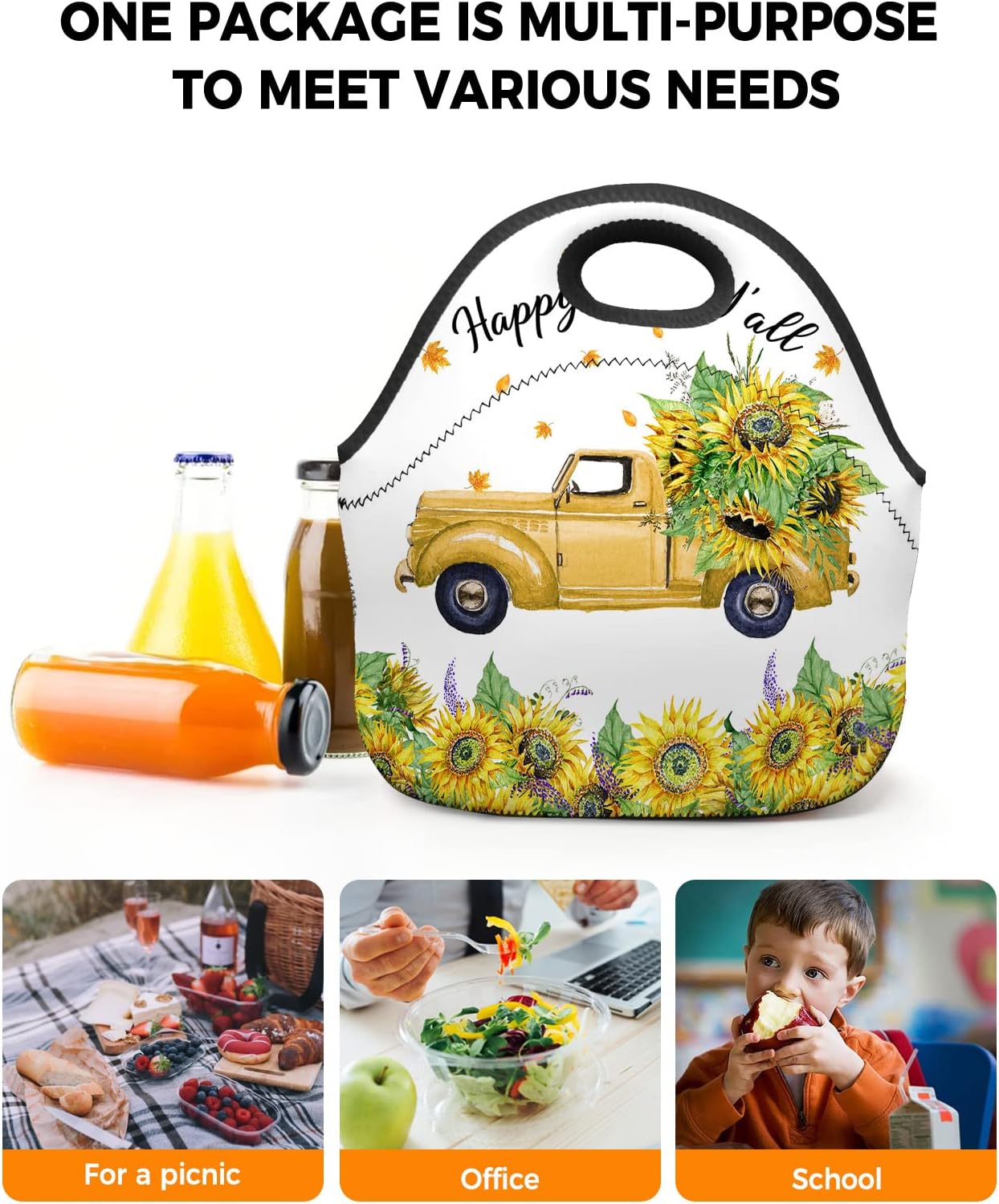 Gsypo Reusable Neoprene Lunch Bag, Happy Fall Y’all Sunflower on Farm Truck Autumn Leaf Soft Thermal Meal Tote, Lightweight Washable Insulated Lunch