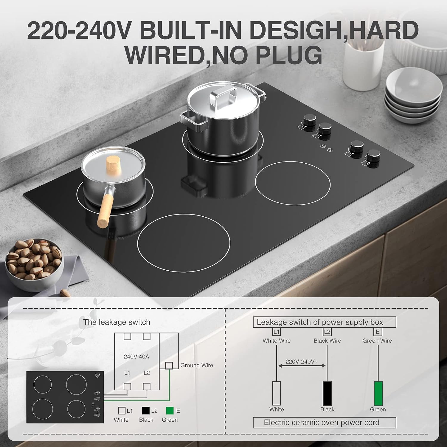 Placa de inducción de 30 pulgadas, estufa eléctrica superior de 4 quemadores, quemador eléctrico POTFYA integrado, control de perilla de 220 V,