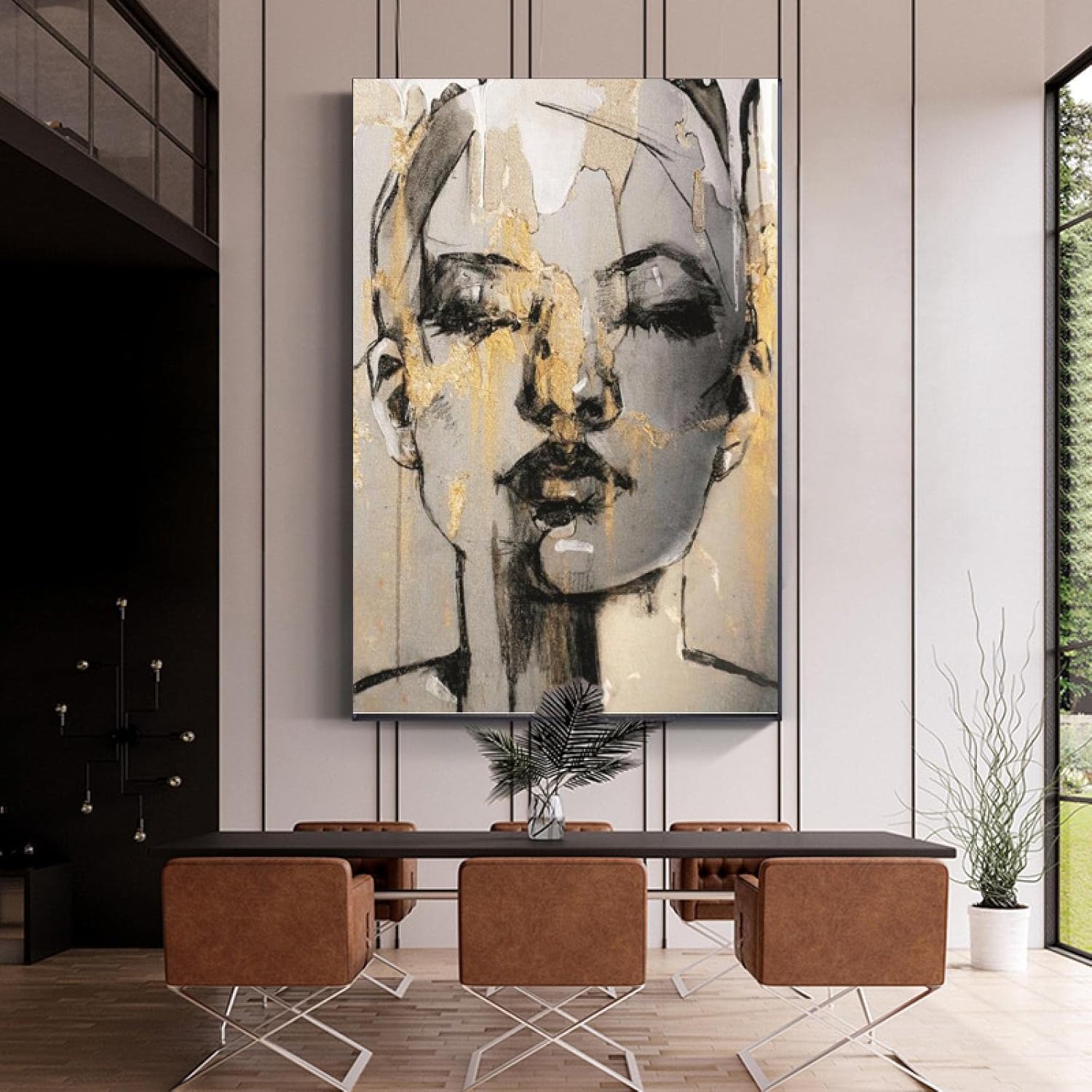 Pintura de arte moderno, lienzo negro con retrato de belleza, impresión en lienzo para sala de estar, marco negro, decoración de pared, 31 x 57