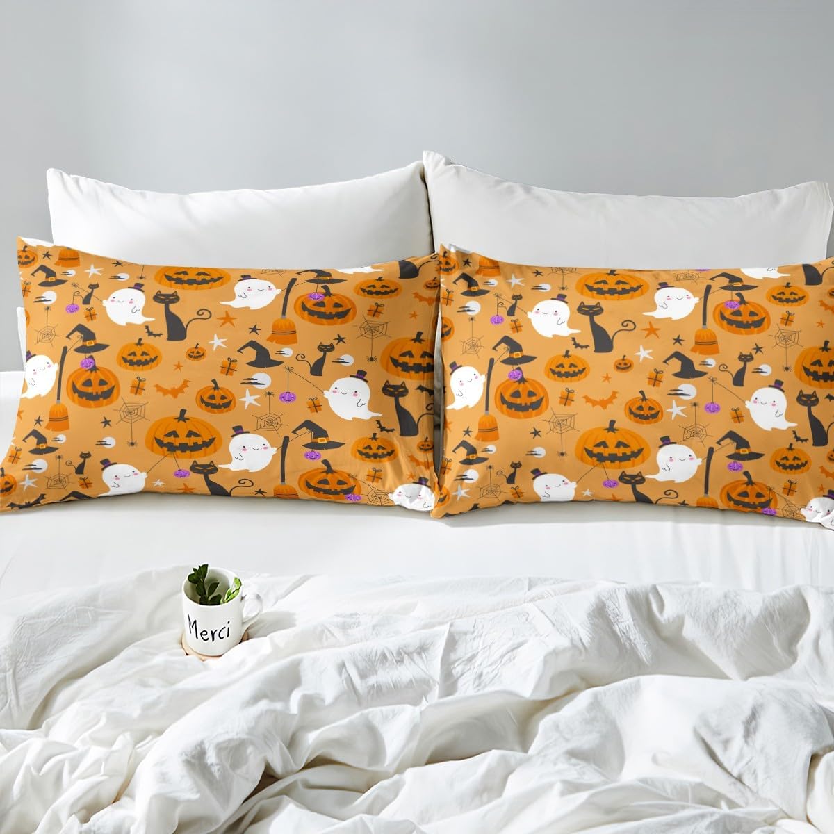 Feelyou Juego de funda de edredón de Halloween, tamaño Queen con 2 fundas de almohada, decoración de Halloween, juego de ropa de cama de fantasma,