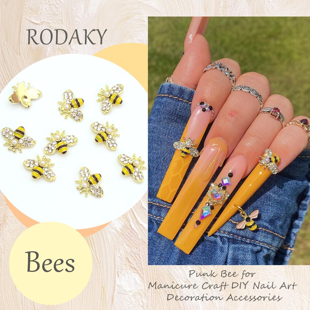 RODAKY 10 dijes de arte de uñas de abeja dorada 3D de aleación de oro de abejas para uñas, diseño de bricolaje, lindo kawaii para uñas de cristal de