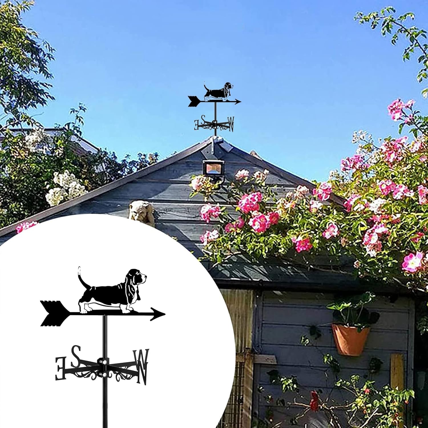 Veleta de metal para perros y pollo, diseño de flechas negras con techo de montaje para exteriores, granja, patio, jardín, kiosco, basset hound