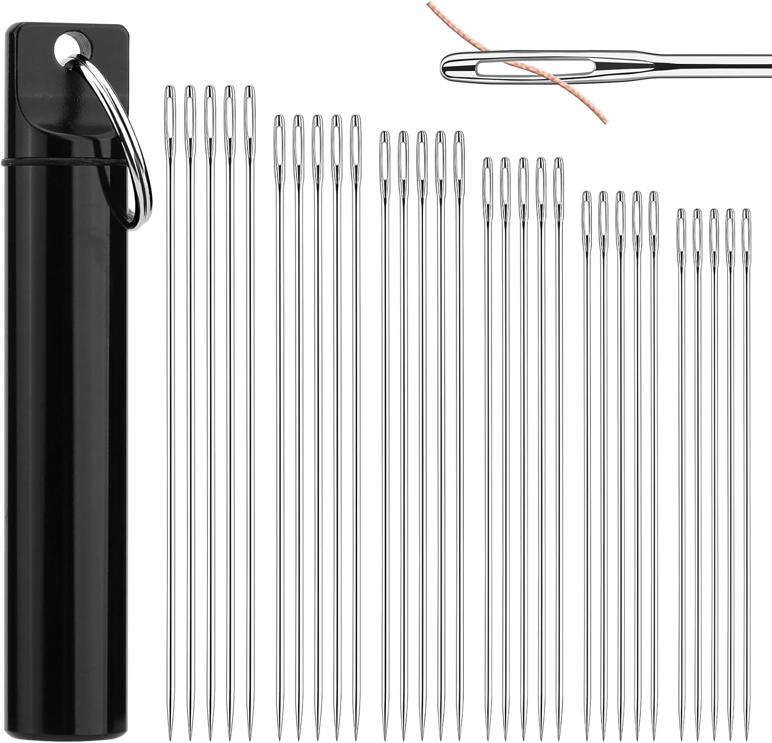 30 agujas de coser grandes para ojos, 6 tamaños, agujas afiladas de acero inoxidable, agujas de bordado de ojos grandes para coser a mano con 2