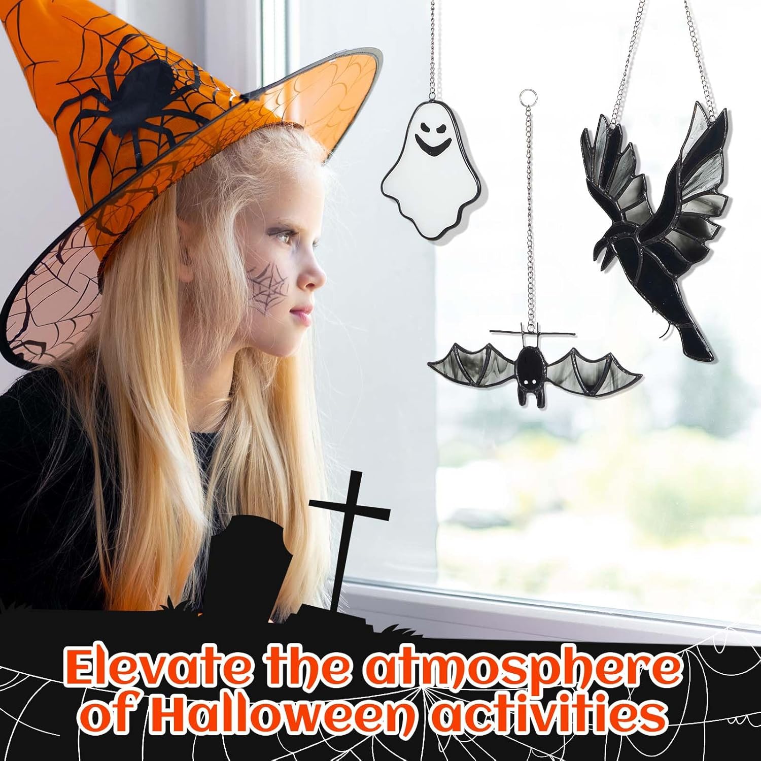 Soaoo 3 piezas de vidrieras de Halloween para colgar en la ventana de murciélagos, decoración de Halloween, decoración de cuervo colgante de
