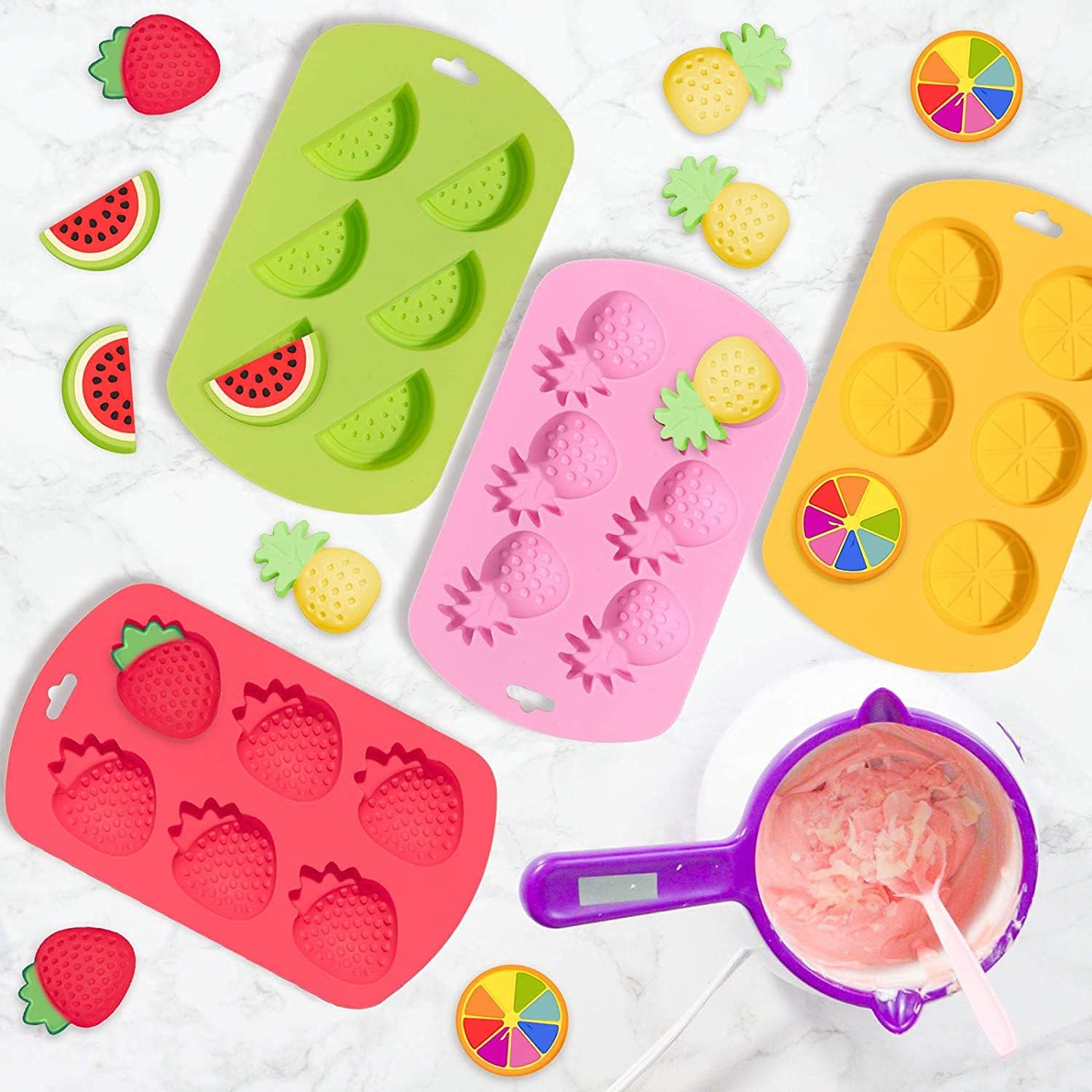 4 moldes de silicona en forma de fruta 3D piña, naranja, sandía, fresa, utilizado para bricolaje, pasteles, galletas, jabón, pudín de azúcar,