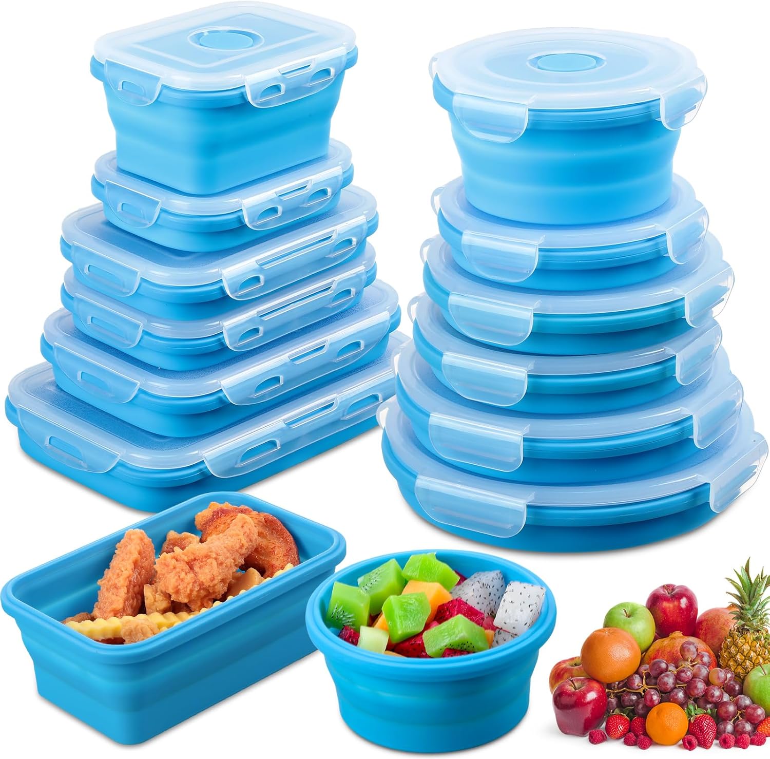 Dandat 12 recipientes plegables de silicona para almacenamiento de alimentos, contenedores plegables de silicona para el almuerzo, 6 rectangulares y