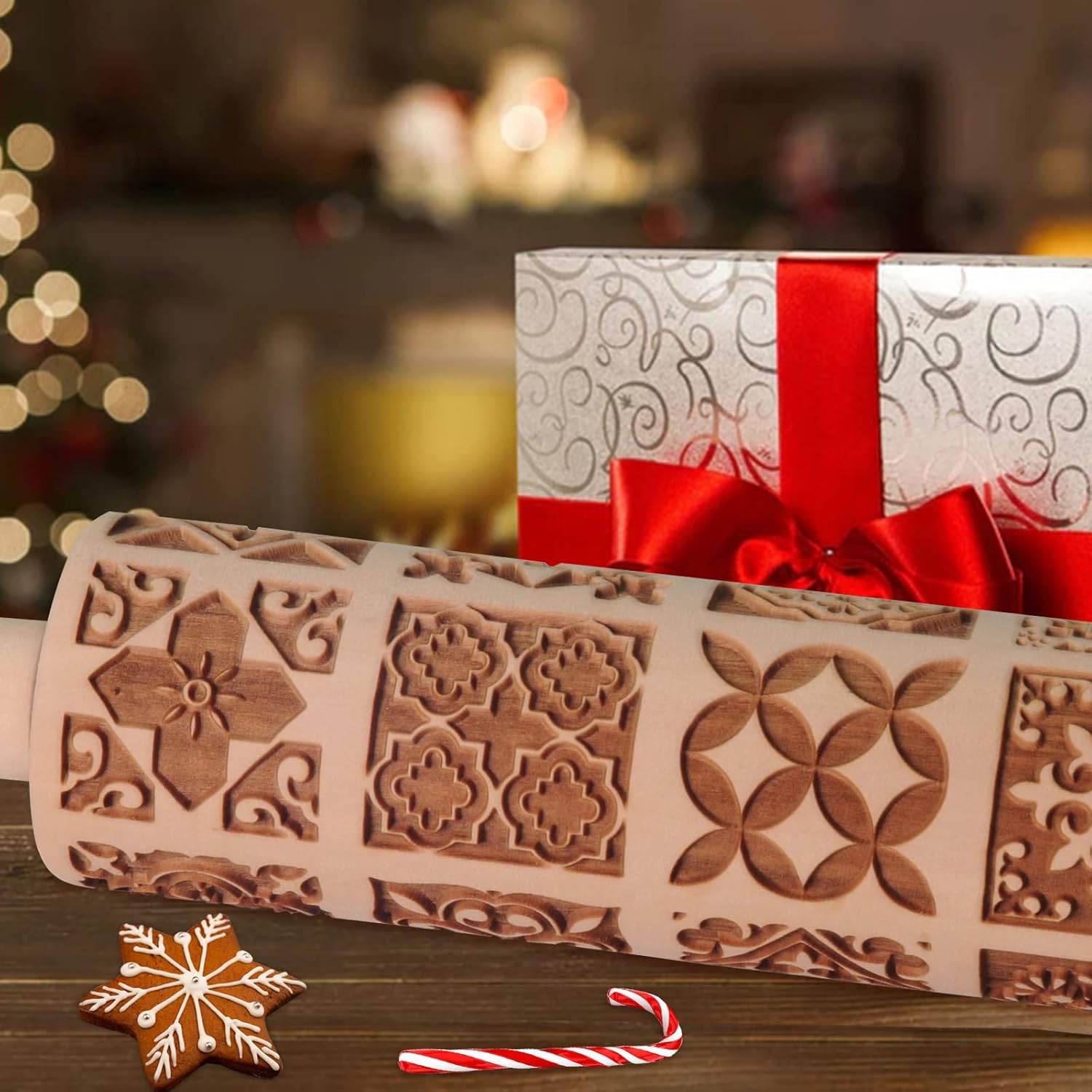 Embossed Rolling Pin, OLETNY Large Wood Textured Roller for Baking, Cookies, Decorative Pattern Rolling Pins, Christmas Gifts for Mother,