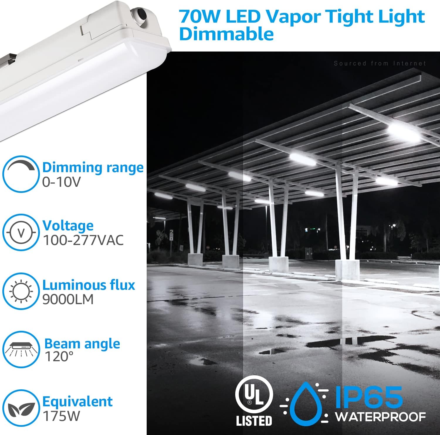 LEONLITE Luz LED hermética de vapor de 4 pies, 70 W, 9000 lúmenes, 5000 K, 100-277 V, 0-10 V, regulable, a prueba de vapor, lámpara LED impermeable