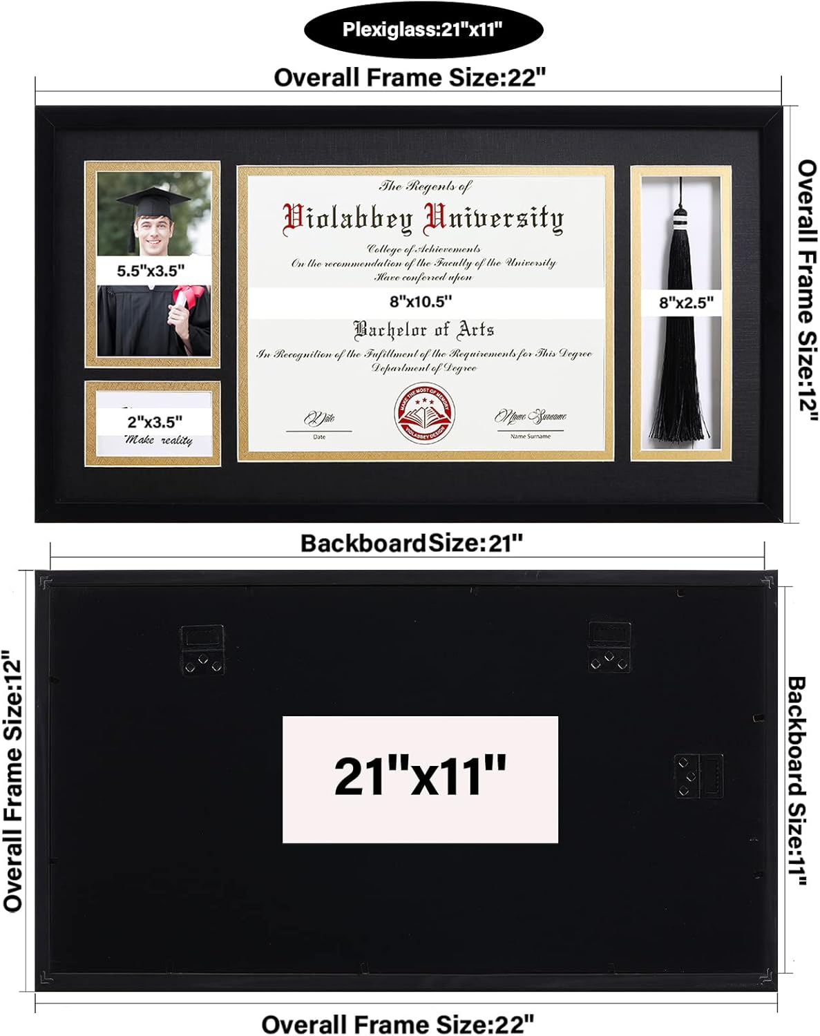 VIOLABBEY Marco de diploma negro mate con soporte de borla para documentos de certificados de 8.5 x 11 pulgadas e imágenes de graduación de 4 x 6,