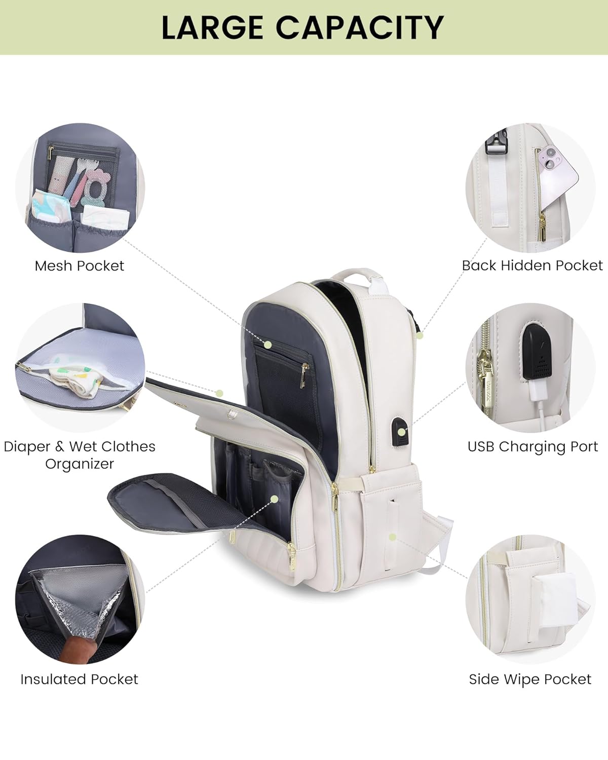 LOVEVOOK Mochila de cuero para pañales, bolsa de bebé acolchada con cambiador y soporte para chupete, bolsas de pañales de viaje impermeables con