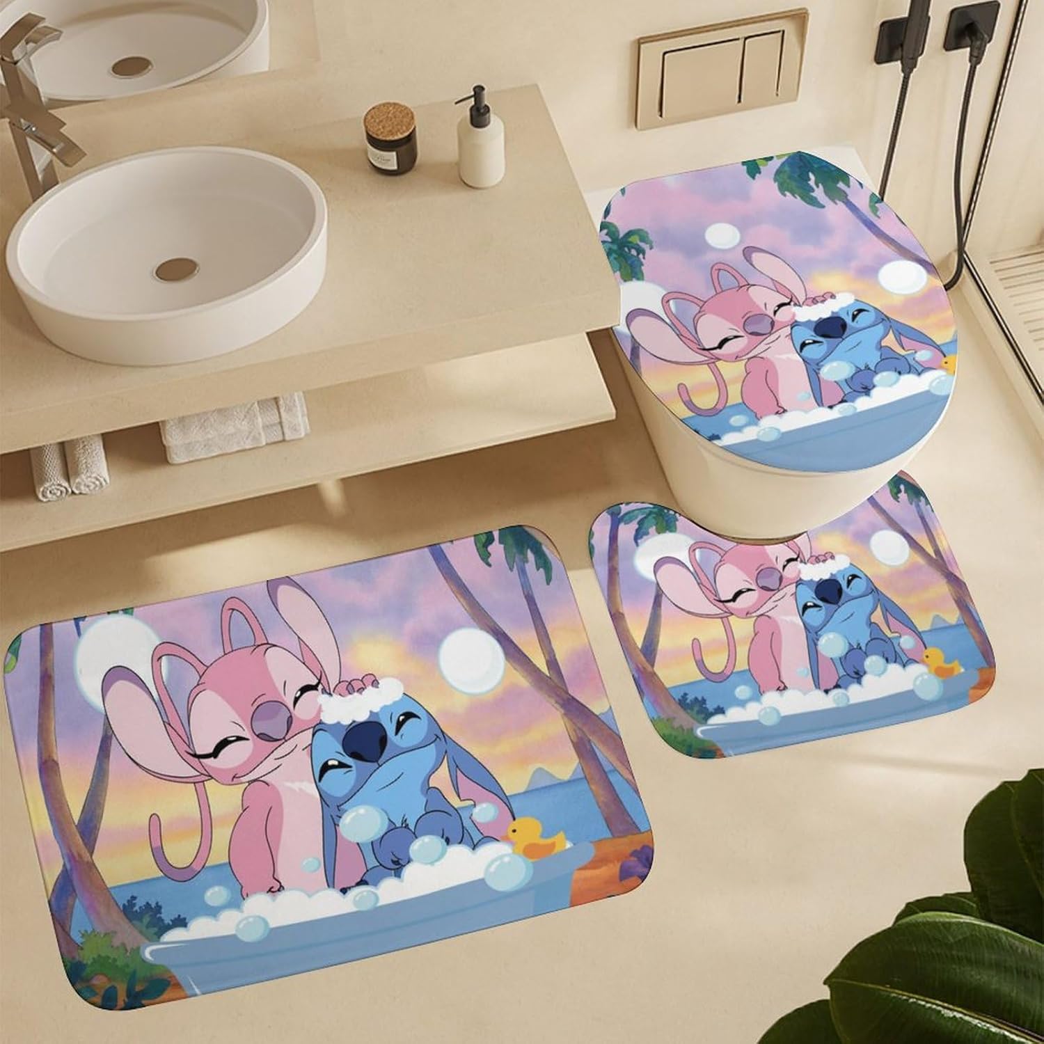 Juego de 4 cortinas de ducha de dibujos animados con alfombras antideslizantes, cubierta para tapa de inodoro y cortina de tapete de baño para