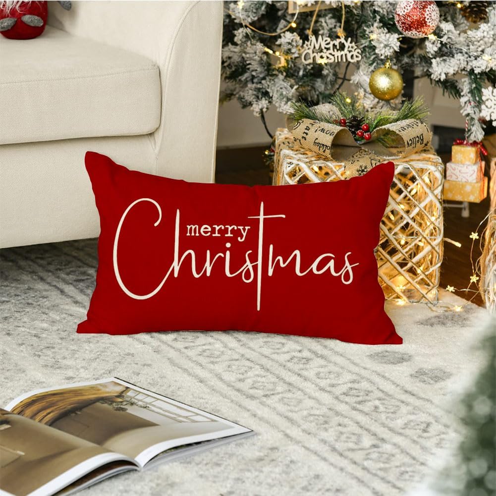 RABUSOFA Fundas de almohada de Navidad de 12 x 20 pulgadas, fundas de almohada rojas de Navidad, almohadas decorativas, fundas de cojín de Navidad