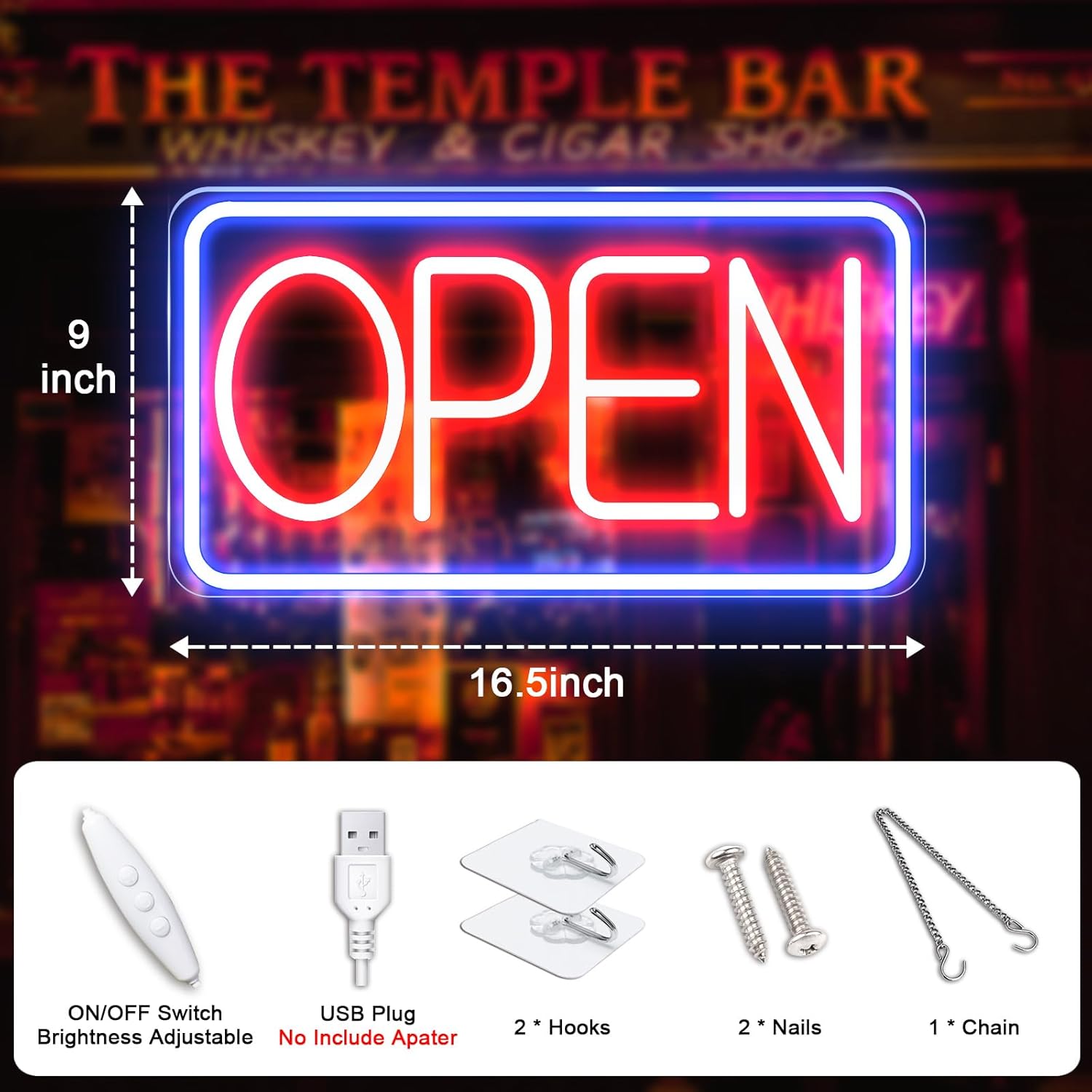 Letrero abierto de neón LED de 16.5 x 9 pulgadas para ventana de negocios, alimentado por USB con interruptor, 5 tipos de ajuste de brillo para
