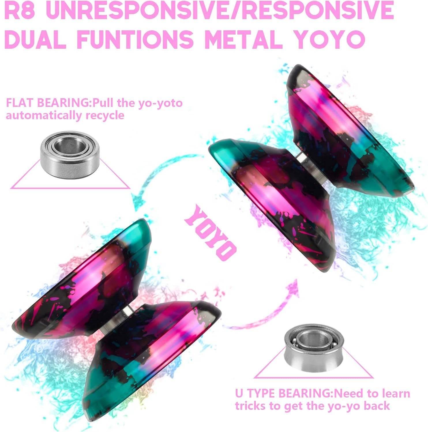 WATIEOBOO R8 Yoyo profesional sensible Yoyo, Yoyo de metal para niños principiantes, rodamiento Yoyo de repuesto para jugador Yoyo avanzado +