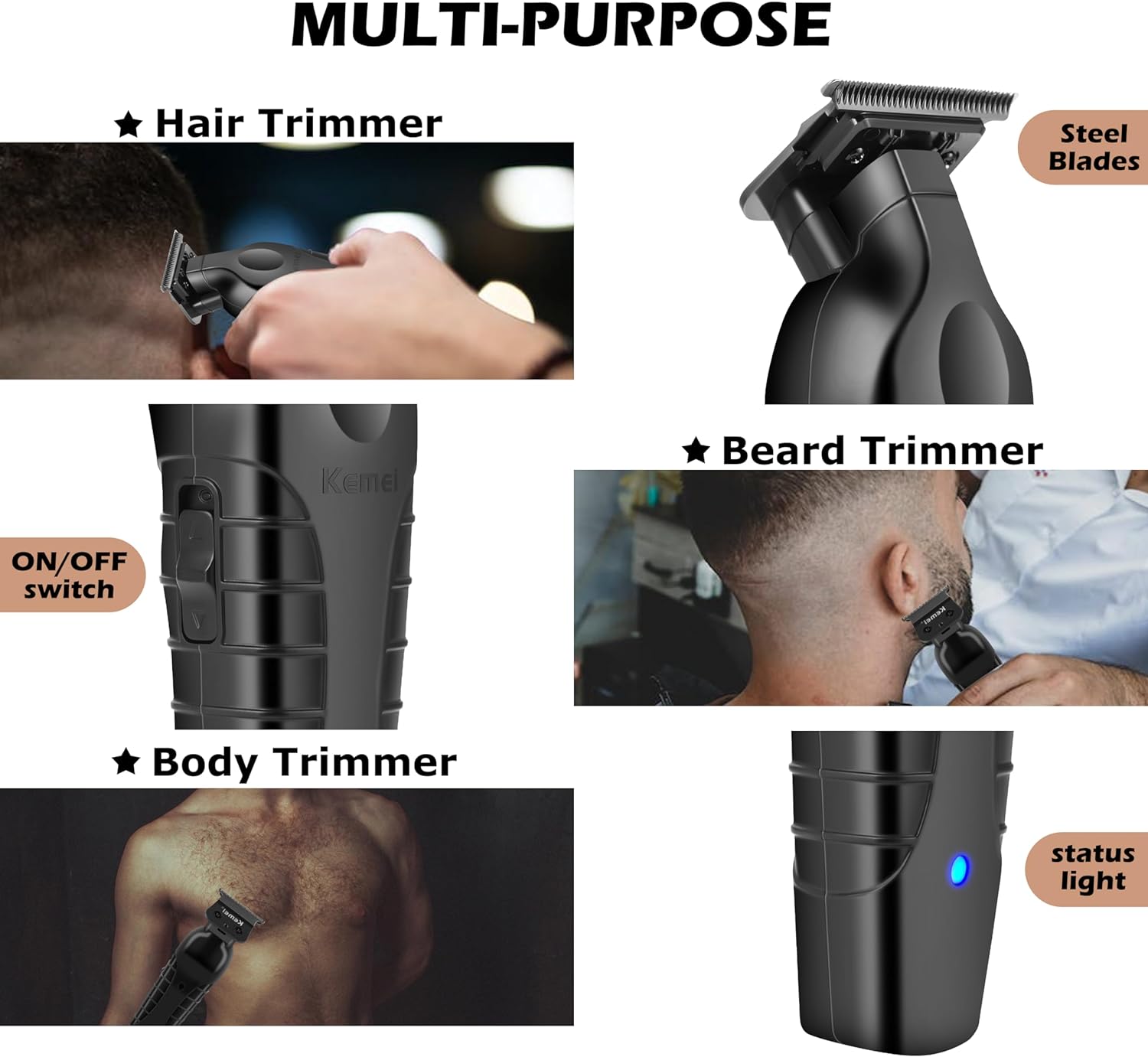 Kemei 2299 Cortadora profesional de pelobarba para hombres, cortapelos sin huecos para barbero con hoja en T, recargable inalámbrica