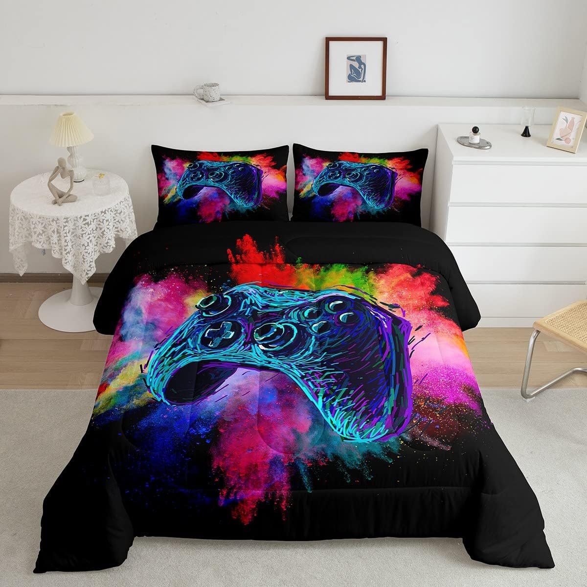Erosebridal Juego de edredón de cama con estampado de videojuegos para niños, tamaño King, juego de ropa de cama para niños y niñas, colorido