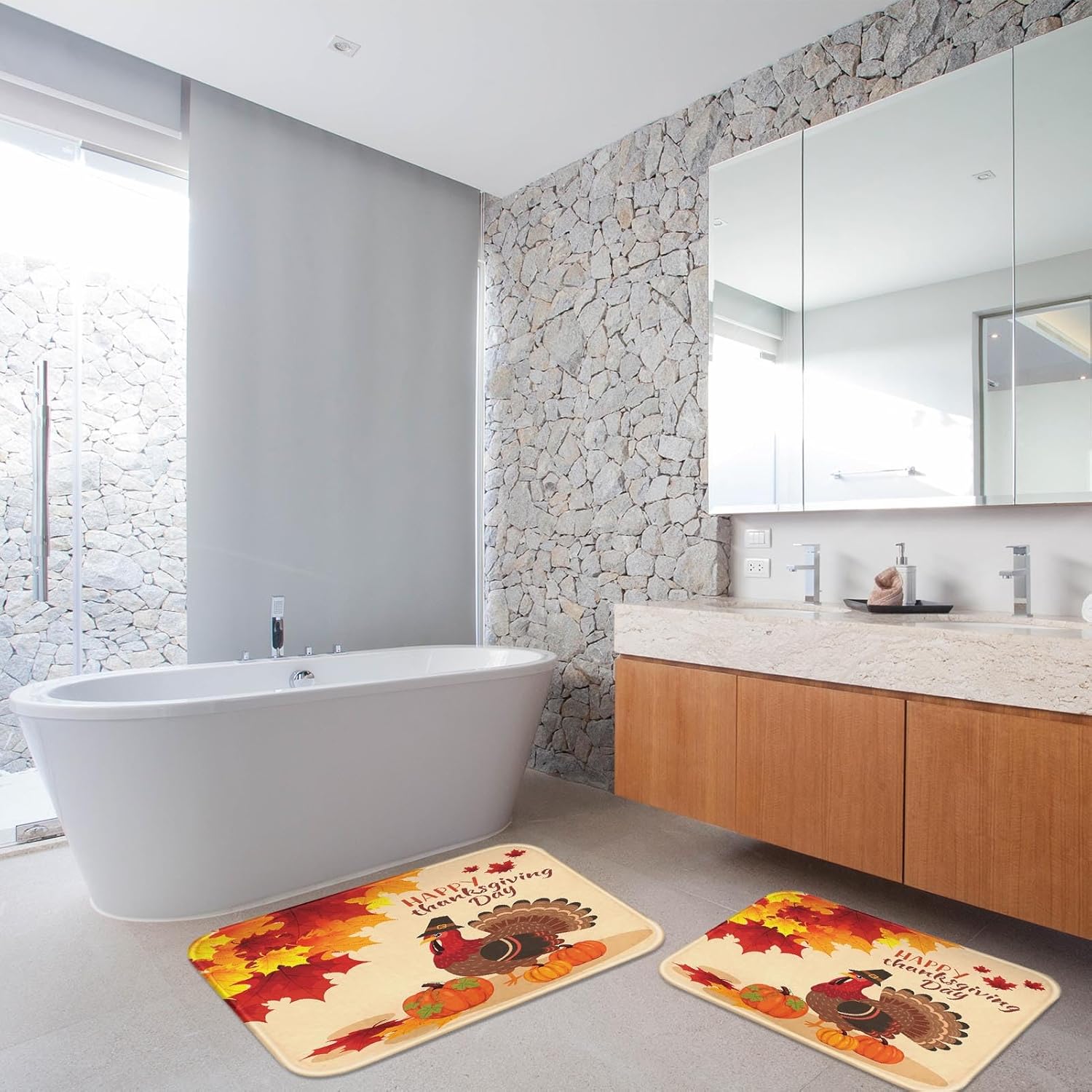 ArtSocket Juego de 2 alfombras y tapetes de baño de calabaza de pavo, antideslizantes, tapete de baño de microfibra absorbente de otoño de arce de