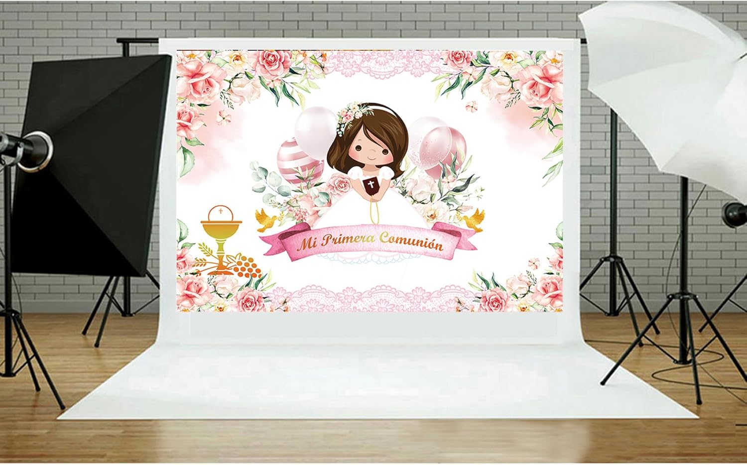 Mi Primera Comunion Bautizo Fotografía Fondo de Bautismo para niña, Dios bendiga la primera comunión Mi Bautizo Cáliz Globo Rosa Floral Decoración