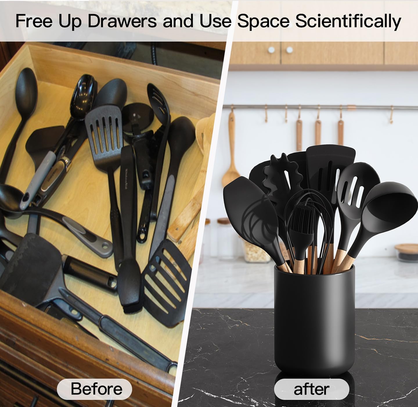Soporte negro para encimera de cocina, grande de 7.2 pulgadas de cerámica mate para encimera, fácil de limpiar, soporte para espátula de utensilios