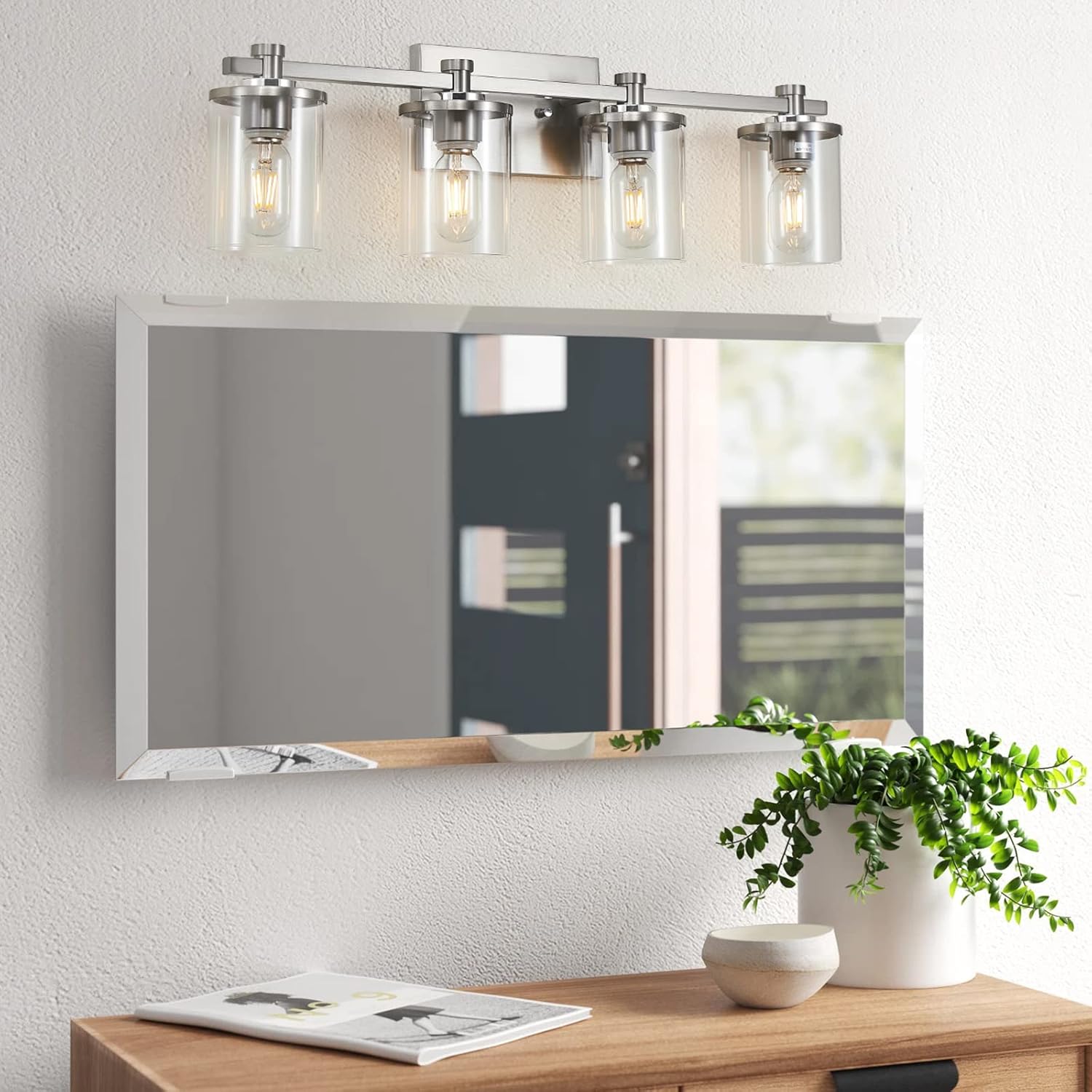 Lámpara de tocador de baño de 4 luces, luces de tocador de níquel sobre el espejo, enchufe de acento de cobre de níquel cepillado, lámparas de baño