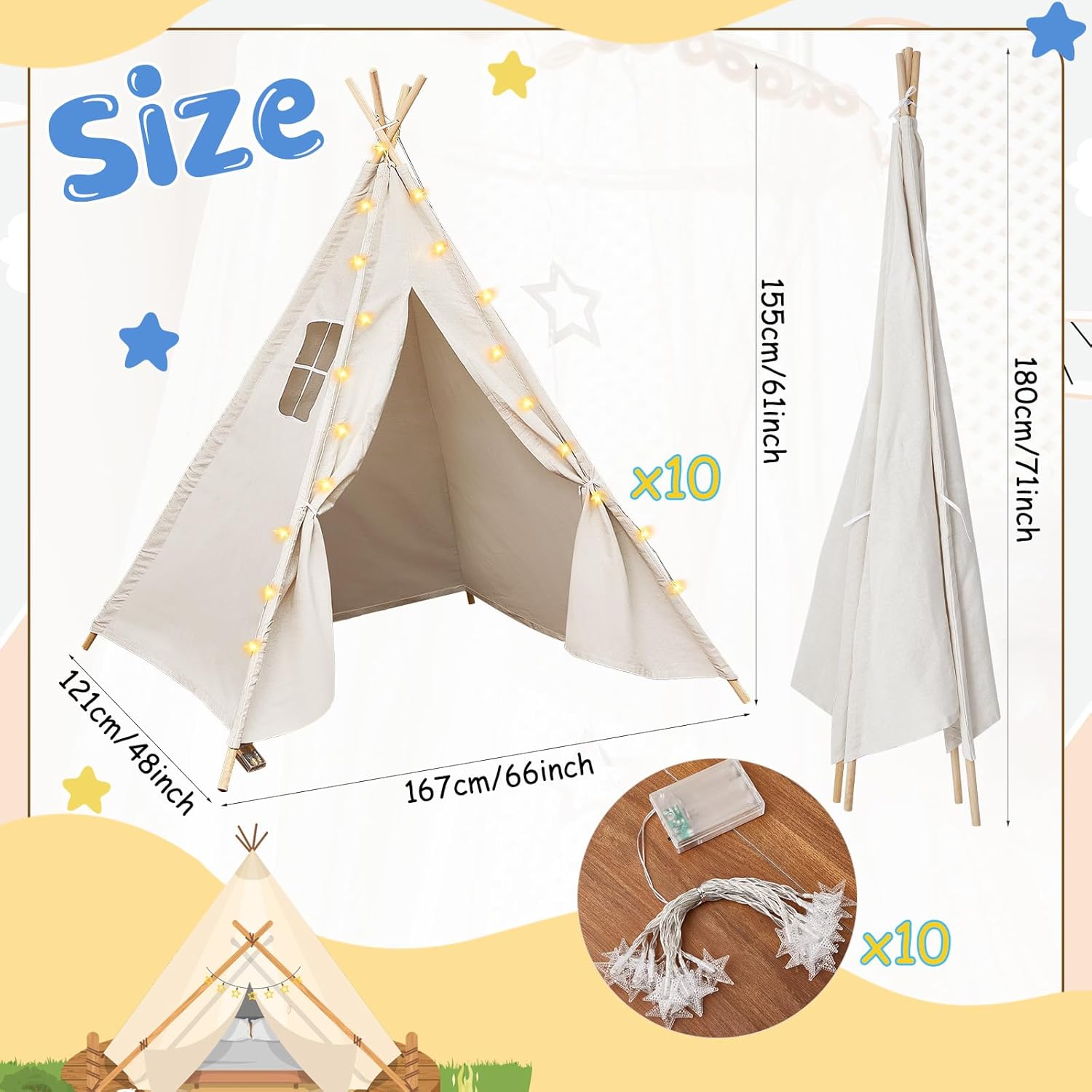 Woanger Juego de 10 tiendas de campaña tipo tipi para niños, de lona de algodón blanco, con luces LED de estrella de 10 pies, tipi para interiores,