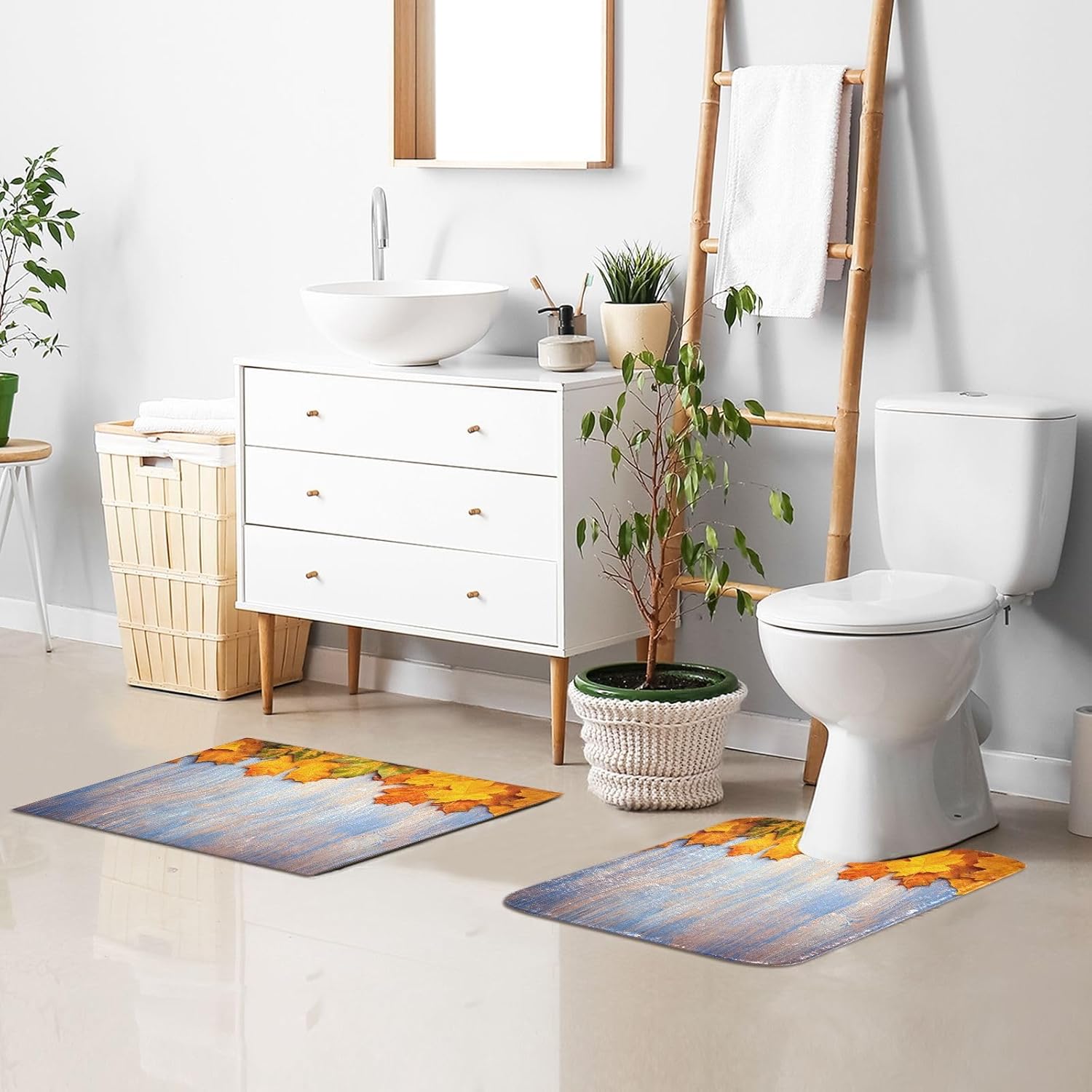 Bathroom Rugs Sets 2 Piece 24×16+24×20 Inch,Soft U-Shaped Contour Toilet Rug Yellow Maple Leaf Non-Slip Absorbent Bath Floor Mat Carpet Set Water