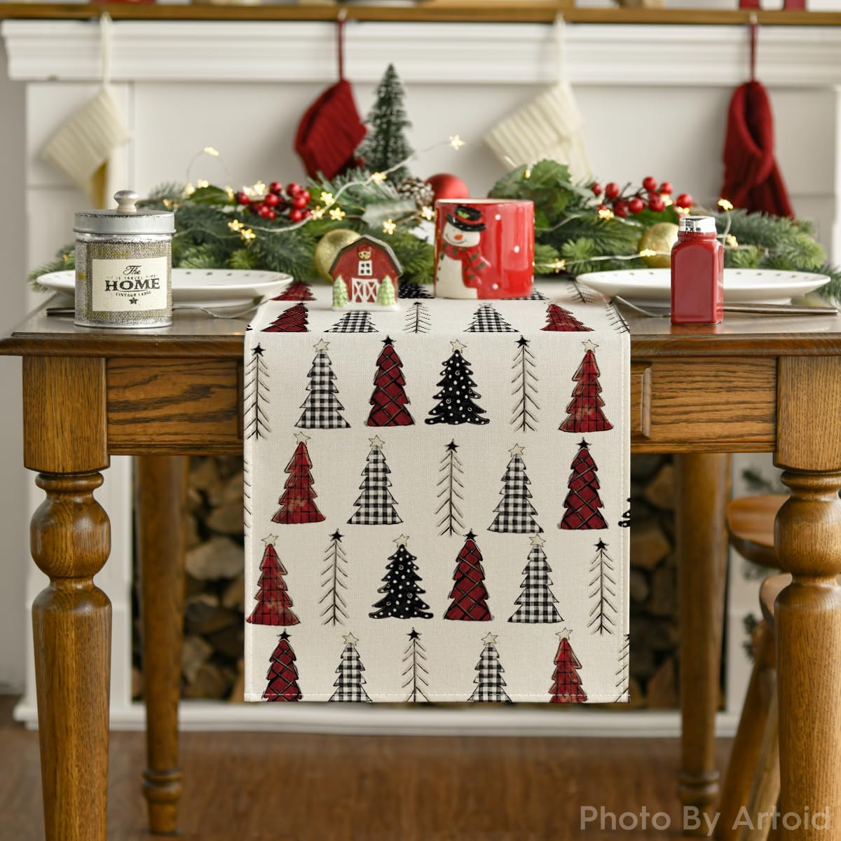 Artoid Mode Camino de mesa de árbol de Navidad, decoración de mesa de comedor de cocina de invierno de temporada para decoración de fiesta del