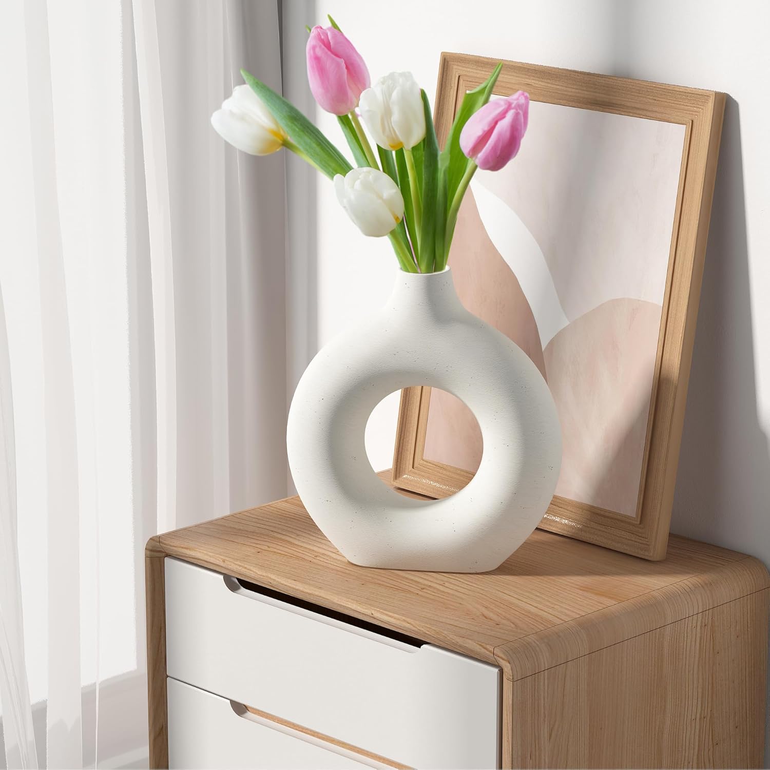 Jarrón bohemio de cerámica blanca, jarrón Dount para pampas, estilo minimalista nórdico, jarrones de flores mate para granja, sala de estar, mesa,