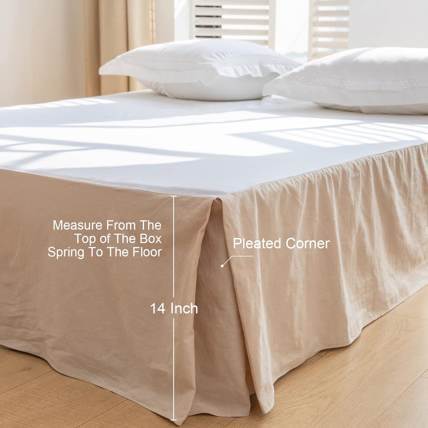 BISELINA Falda de cama de lino francés con esquinas plisadas de 14 pulgadas, mezcla de algodón de lino natural, con volantes básicos de polvo,