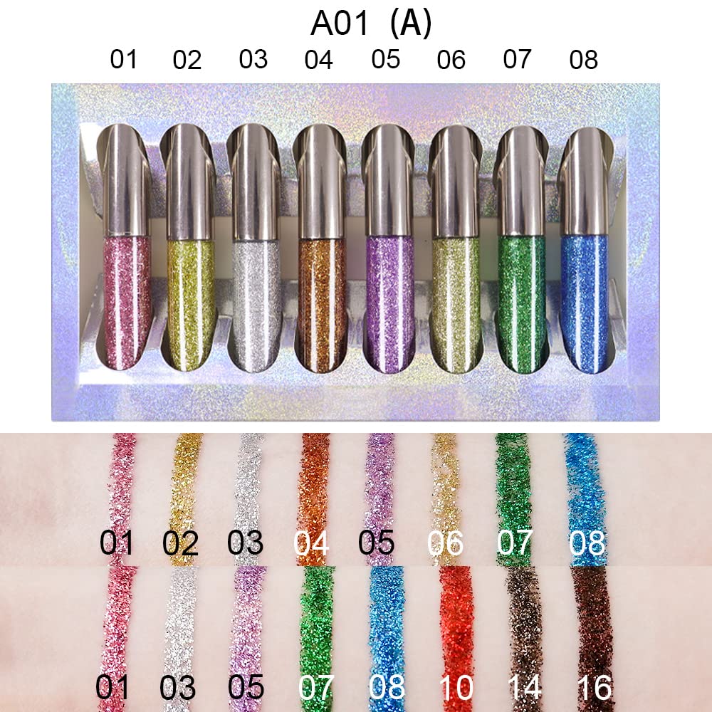 Delineador de ojos con purpurina líquida de 8 colores, juego de maquillaje de delineador de ojos brillante, morado claro, dorado, blanco plateado,