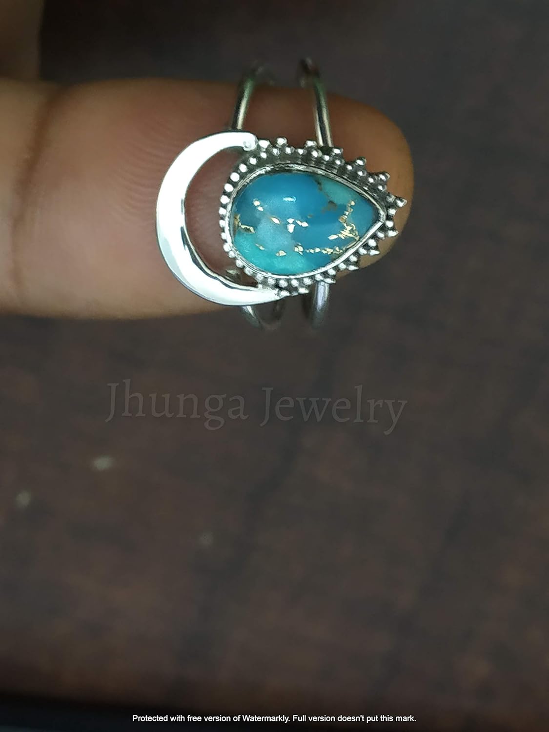 Blue Copper Turquoise ring, 925 sterling silver, Half Moon Shape Ring, Two band Ring, Boho Chic, Promise Wedding Jewelry, Classy Ring, Celestial