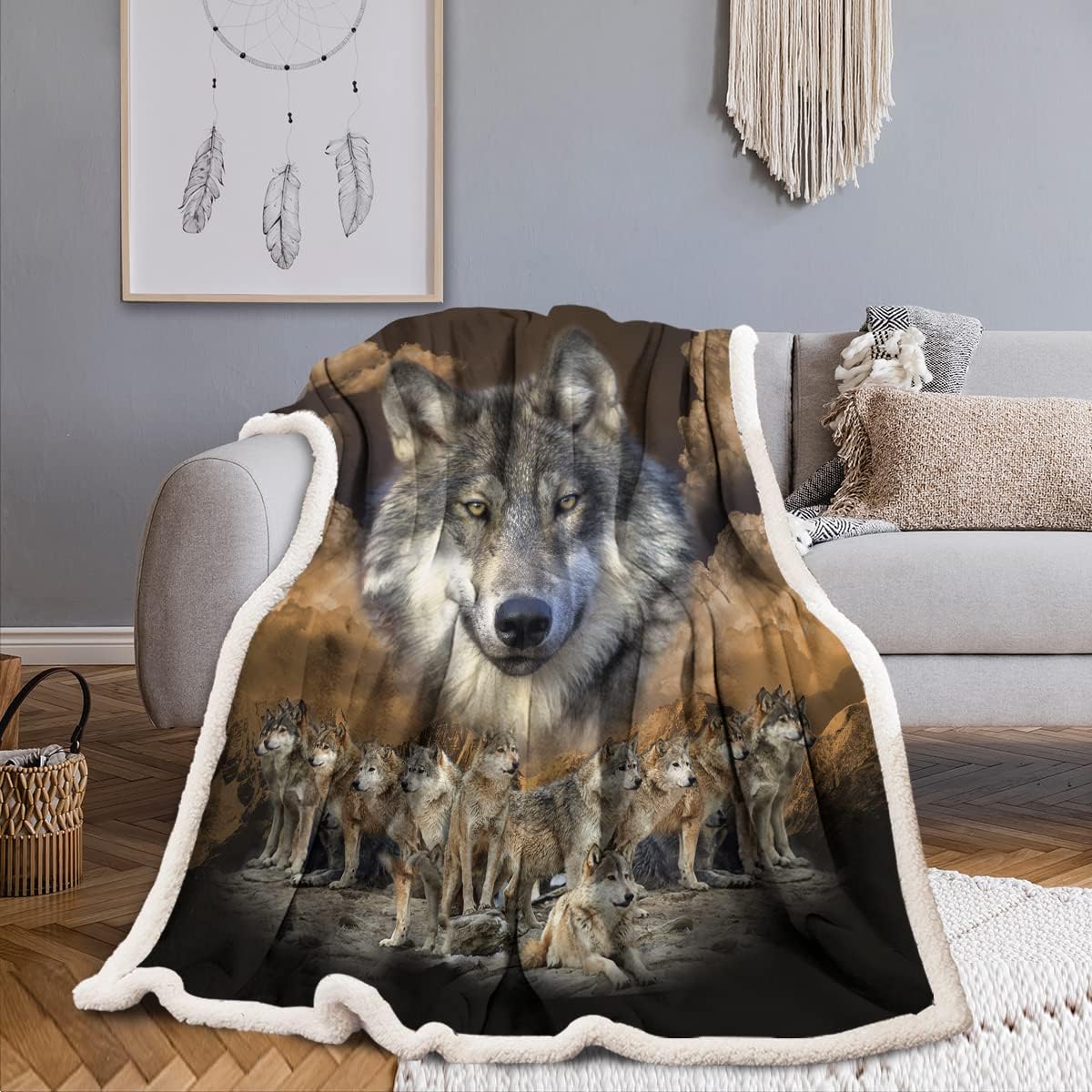 Sleepwish Manta de vellón de lobo indio, manta sherpa de felpa de lobo nativo americano, acogedora y cálida manta de felpa para cama, sofá, silla,