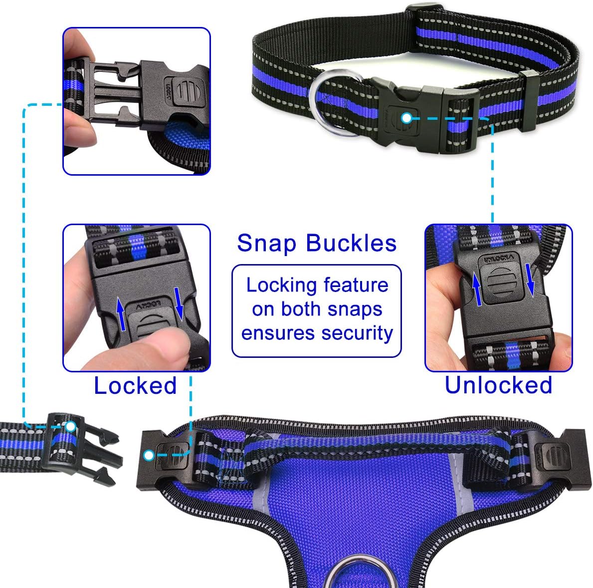 WINSEE Arnés para perro sin jalones con collar chaleco reflejante ajustable Oxford, broches para correa delantero y trasero para perros pequeños,