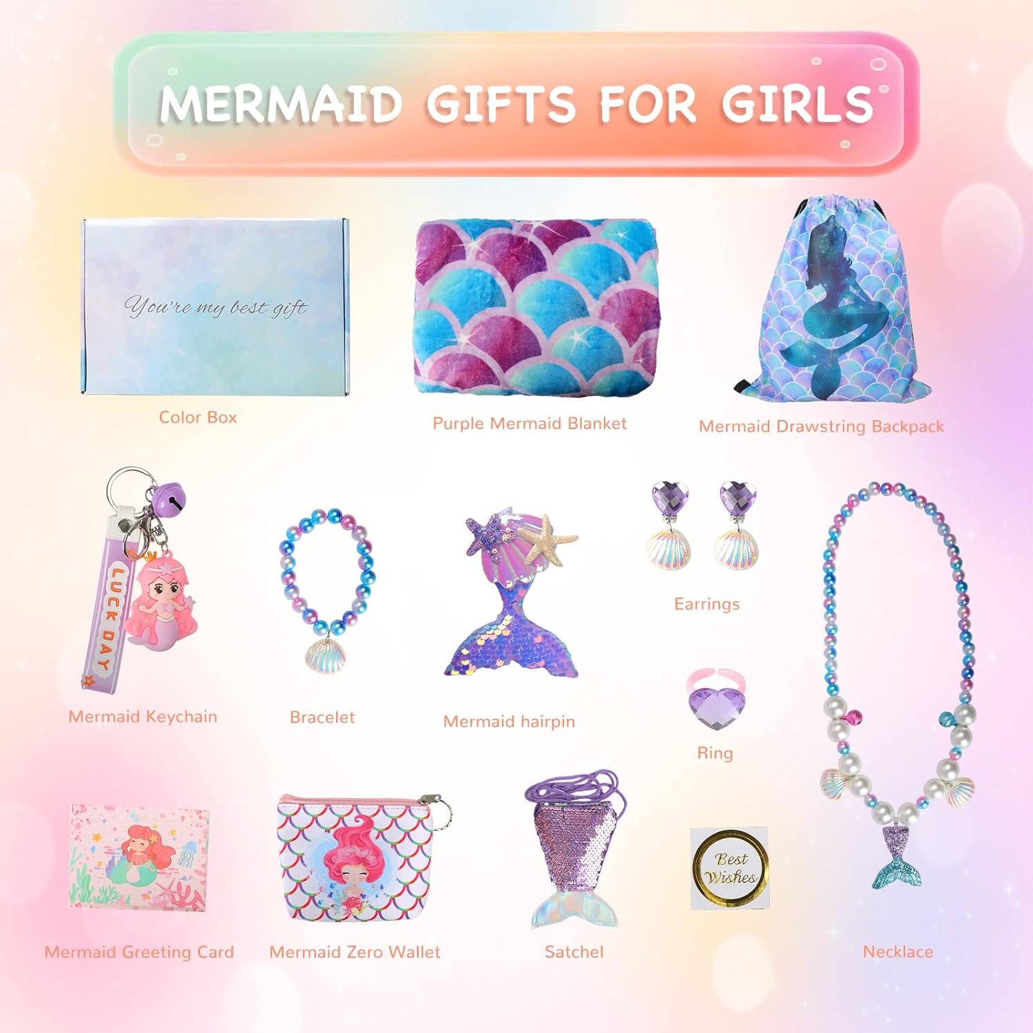 Mermaid Gifts for Girls, Mermaid Tail Blanket Mermaid Jewelry Makeup Set for Girls 3 4 5 6 7 8 9 10 11 12 Years Old