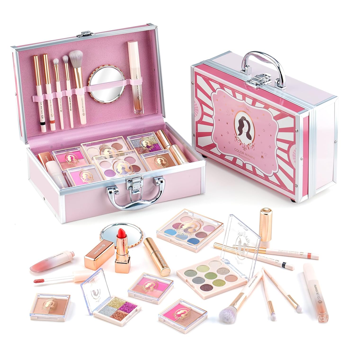 Color Nymph Kits de maquillaje para niñas para adolescentes con estuche de tren retro rosa, incluye paletas portátiles de sombra de ojos con