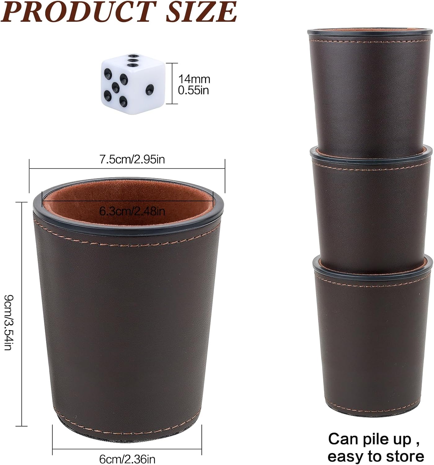 RERIVER Juego de dados de piel sintética con forro de fieltro, 6 tazas silenciosas con 36 dados para juegos de dados Yahtzee Farkle, café