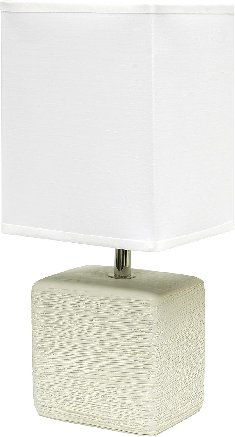 Simple Designs LT2072-OFF Lámpara de mesa pequeña de piedra sintética con pantalla de tela, blanco roto con pantalla blanca