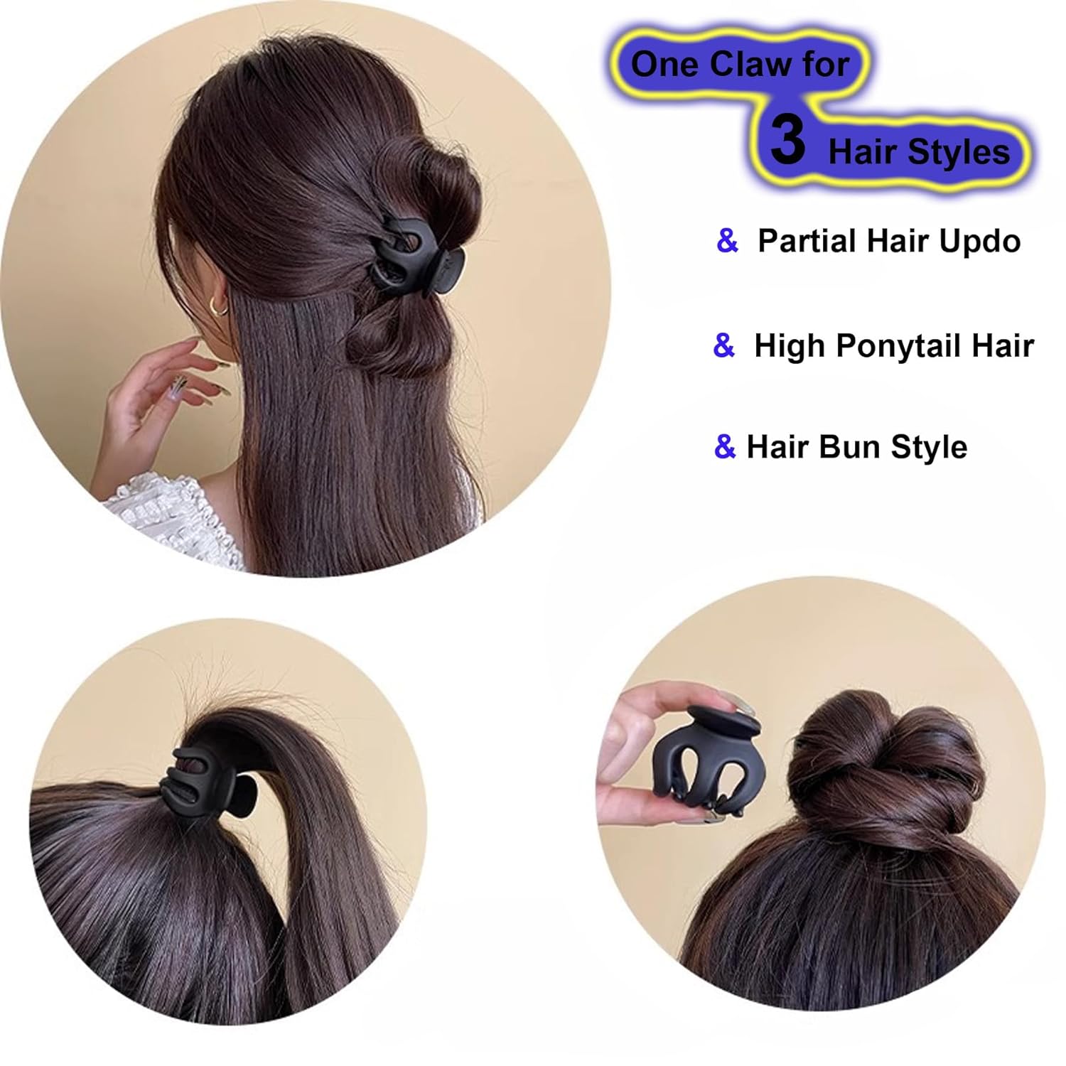 Pinzas pequeñas de garra para mujer, soporte para cola de caballo alta, lindas pinzas para cabello fino, pinzas parciales para moño, juego de 3