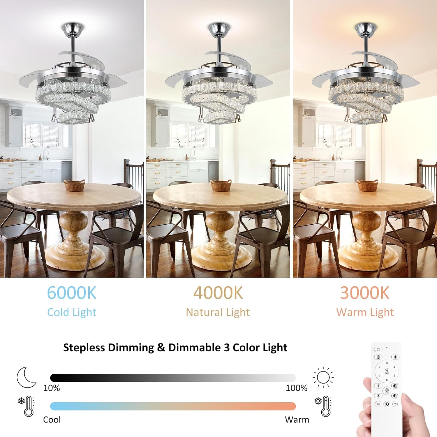 Jenvkoil Ventilador de techo de 42 pulgadas con luces con control remoto regulable de cristal para candelabro, aspas retráctiles, ventiladores de