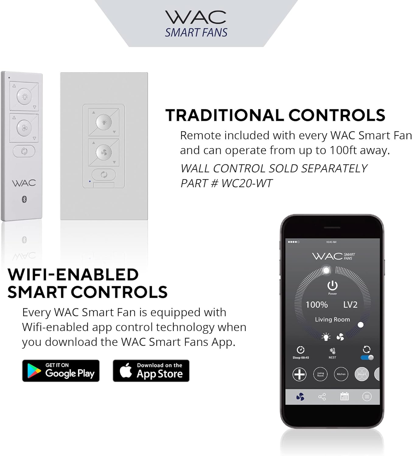 WAC Smart Fans Geos Ventilador de techo de 3 aspas para interiores y exteriores, 60 pulgadas, blanco mate con kit de luz LED de 3000K y control