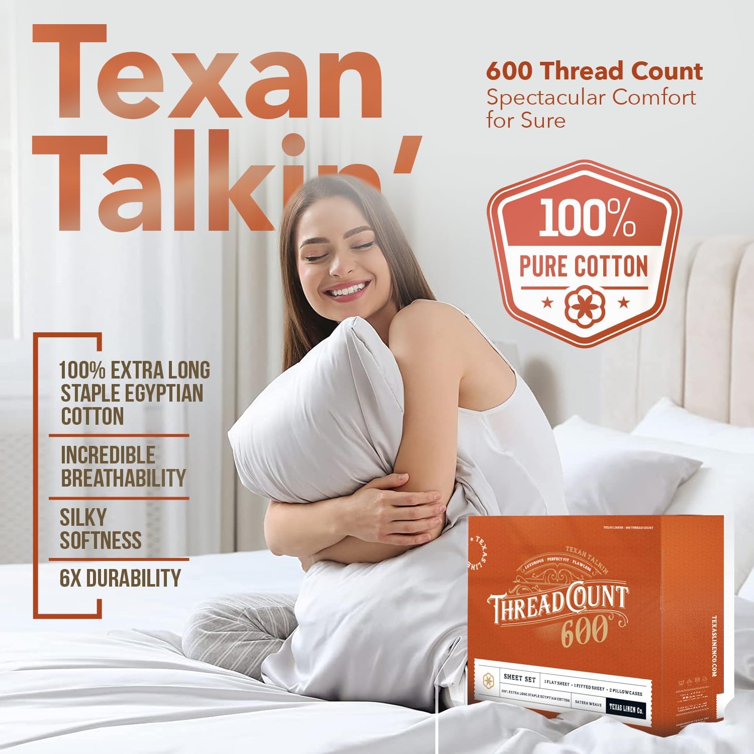Texas Linen Co. Comfy Sheets – Juego de sábanas de 600 hilos, 100% algodón, 4 piezas de algodón de fibra larga para cama, transpirable, suave y