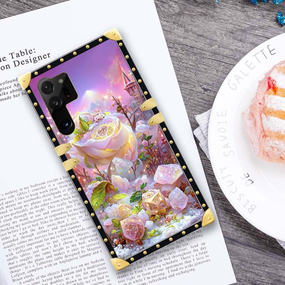 TAMEFOX Funda compatible con Samsung Galaxy S23 Ultra, funda cuadrada protectora de TPU suave a prueba de golpes con 3 flores blancas para Samsung